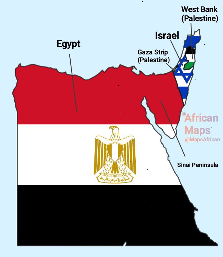 MapsAfrican's tweet photo. Egypt 🇪🇬 in Africa borders both Israel and Palestine in Asia. 

At Rafah, it connects the Gaza Strip to the Sinai Peninsula.

It shares a direct border with Israel through the eastern part of Sinai. 

Gaza and the West Bank, both in Palestine, are completely separated by Israel. https://t.co/VDi46iMaH1