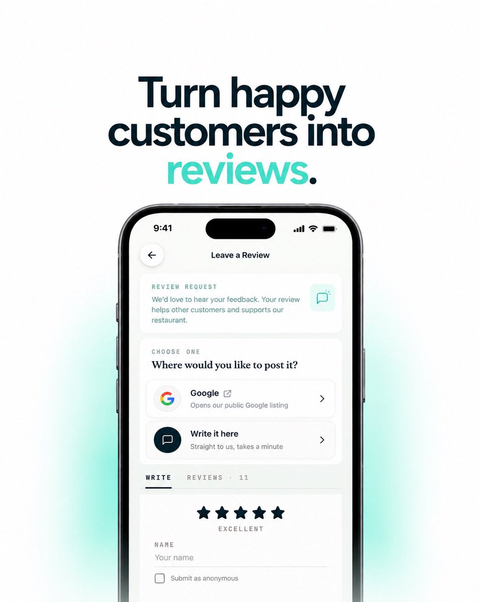 kllivoapp's tweet photo. A great order shouldn’t end when the customer leaves.

Kllivo helps restaurants turn happy customers into reviews, with customers able to choose Google or leave feedback directly through the restaurant.

One more order. One more opportunity to build trust.
#Kllivo #RestaurantTech https://t.co/hW48pNT8aD