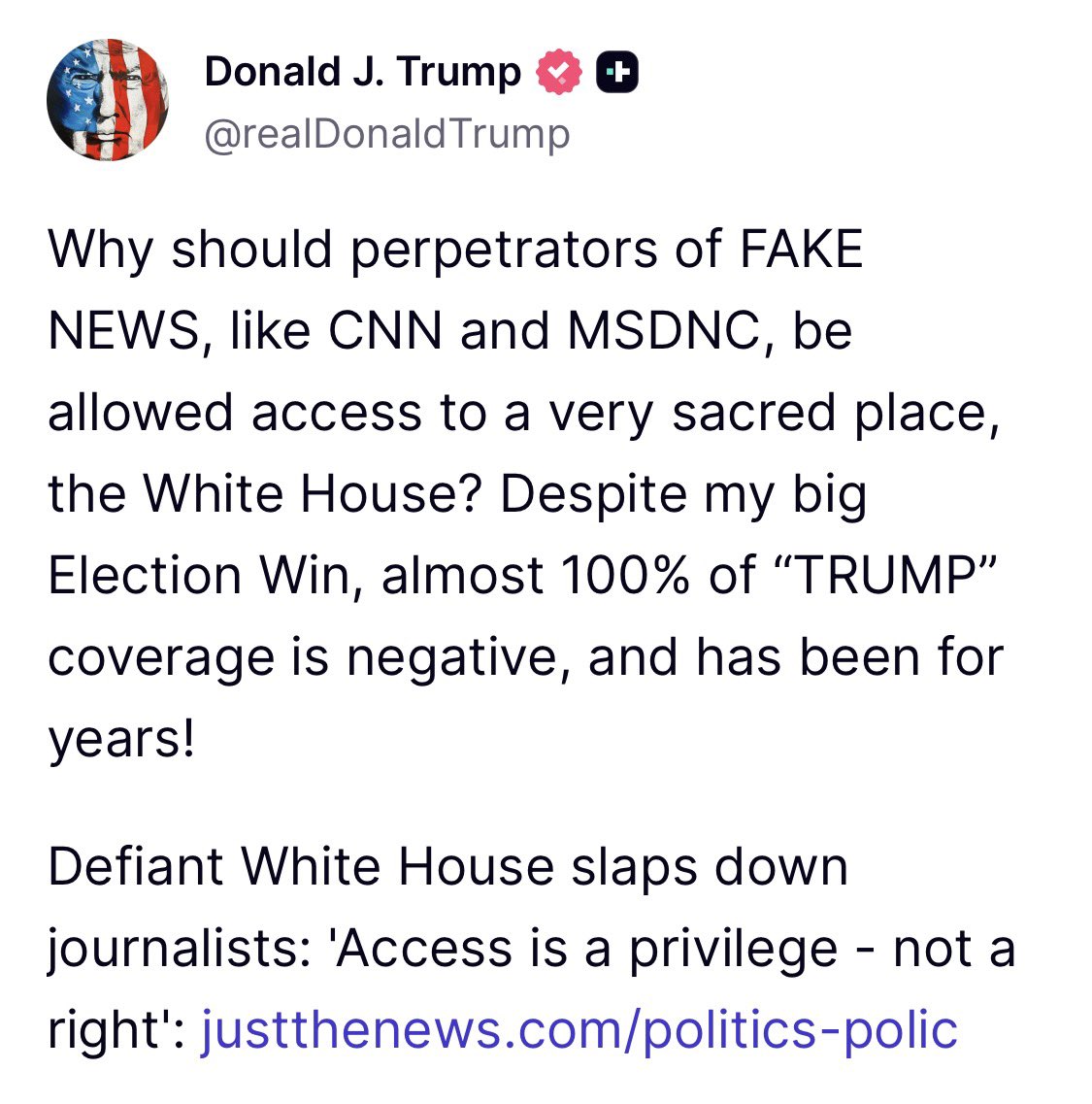 RpsAgainstTrump's tweet photo. Trump attacks the First Amendment:

“Why should perpetrators of FAKE NEWS, like CNN and MSDNC, be allowed access to a very sacred place, the White House?” https://t.co/ovmlNkx9Wx