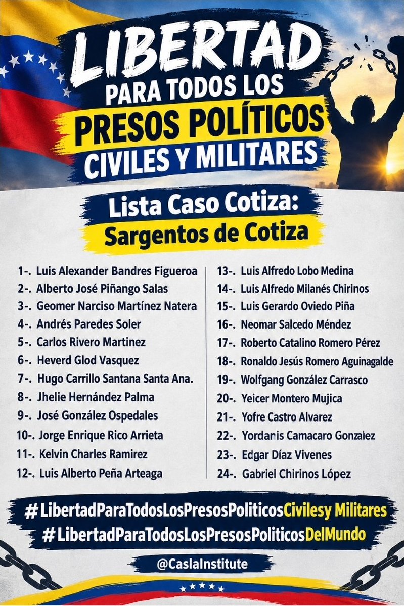 TAMARA_SUJU's tweet photo. #Venezuela: #CasoCOTIZA . Ellos son los 24 Sargentos detenidos desde el 21/01/2019.  Presos politicos que ese dia, desconocieron a Nicolas Maduro como presidente, apoyados por el pueblo del sector, en el marco de los sucesos que acontecian ese mes.  

La sentencia condenatoria fue anulada en abril del 2024, y ordenaron repetir el juicio a partir de la Audiencia Preliminar, pero no en los Tribunales Militares, sino en los Tribunales contra el Terrorismo. 

Los Sargentos tienen 7 años y 8 meses presos, y 2 años esperando la nueva audiencia preliminar.  Ellos fueron victimas de Crimenes de Lesa Humanidad.

El próximo mes ya estarían cumpliendo la condena que le impusieron en la corte Marcial Militar, si no la hubieran anulado.

Ellos son ahijados de la Campaña #ApadrinaAUnPresoPoliticoDelMundo de @caslainstitute y su padrino es en Eurodiputado @TonoEPP

#LibertadParaTodosLosPresosPoliticosCivilesyMilitares .