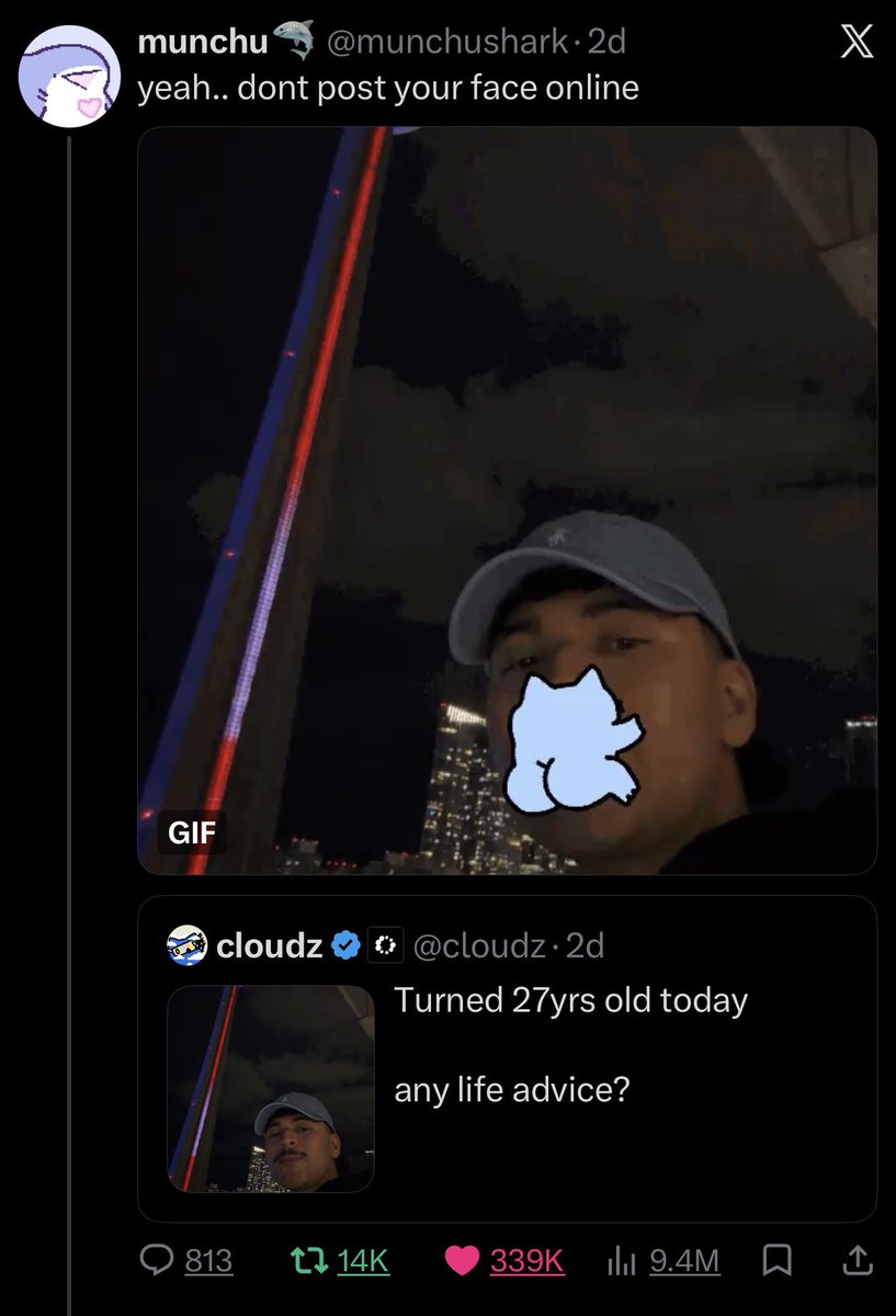 cloudz's tweet photo. 9.4M people have seen my face get aggressively humped by a cat

what a time to be alive 😭😭😭 https://t.co/7hLAE4mHaL