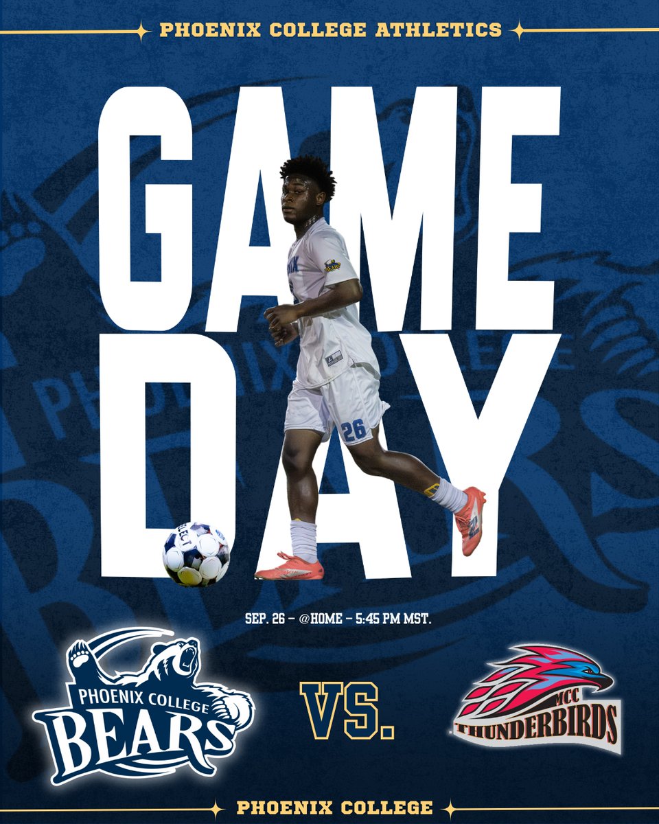 PC_Bears's tweet photo. ⚽ GAME DAY! ⚽

Phoenix College Men’s Soccer is back at home! 🔥

📅 September 26
⏰ 5:45 PM
📍 Phoenix College
🆚 Mesa CC

Come out and support the Bears! 🐻⚽

#PhoenixCollege #PCBears #MensSoccer #Soccer #GameDay #GoBears https://t.co/RAHav7XbHF