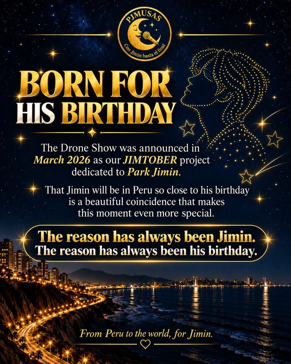 Pjmusas_Events's tweet photo. 💛 WE’RE IN THE FINAL STRETCH💛

Three years, three projects, one purpose: celebrating Park Jimin with love, creativity and commitment.

From  JiminBus 2024 and Jimin’s Magic Garden 2025  to our biggest challenge yet: the first drone show in Latin America dedicated exclusively to Jimin’s birthday✨

Today, this dream is already 80% funded .

Only  20%  remains to complete our goal.💪🏼💛

If you would like to be part of this birthday tribute, you can support us with a ,voluntary financial contribution ,through our official channels.

Every contribution and every share brings us closer. 💛🌙

From Peru to the world, for Jimin!
https://t.co/eifkjBWNgi