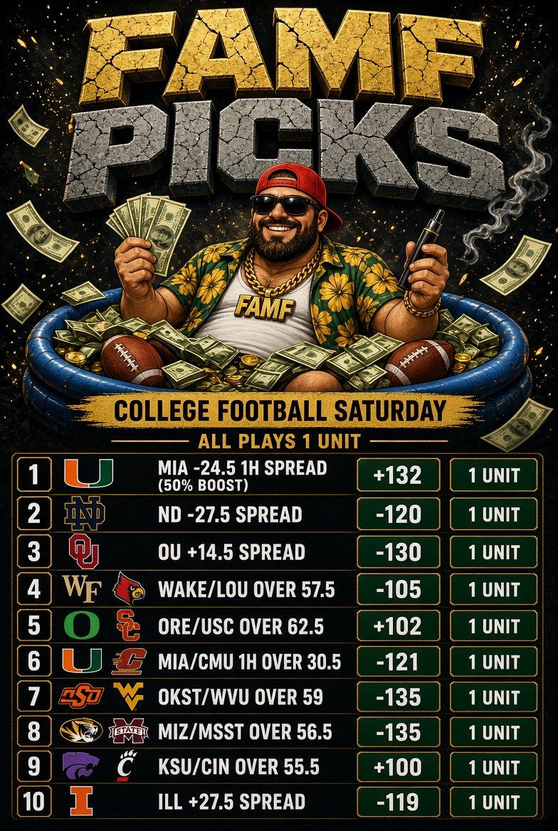 FAMFPICKS's tweet photo. COLLEGE. FOOTBALL. SATURDAY.

FAT MAN HAS 10 PLAYS. THE FAT ASSES WILL EAT GREAT TODAY. 

BOL AND LETS CAAAAASH 👇🏻👇🏻👇🏻👇🏻 https://t.co/LOC7S3AfcJ