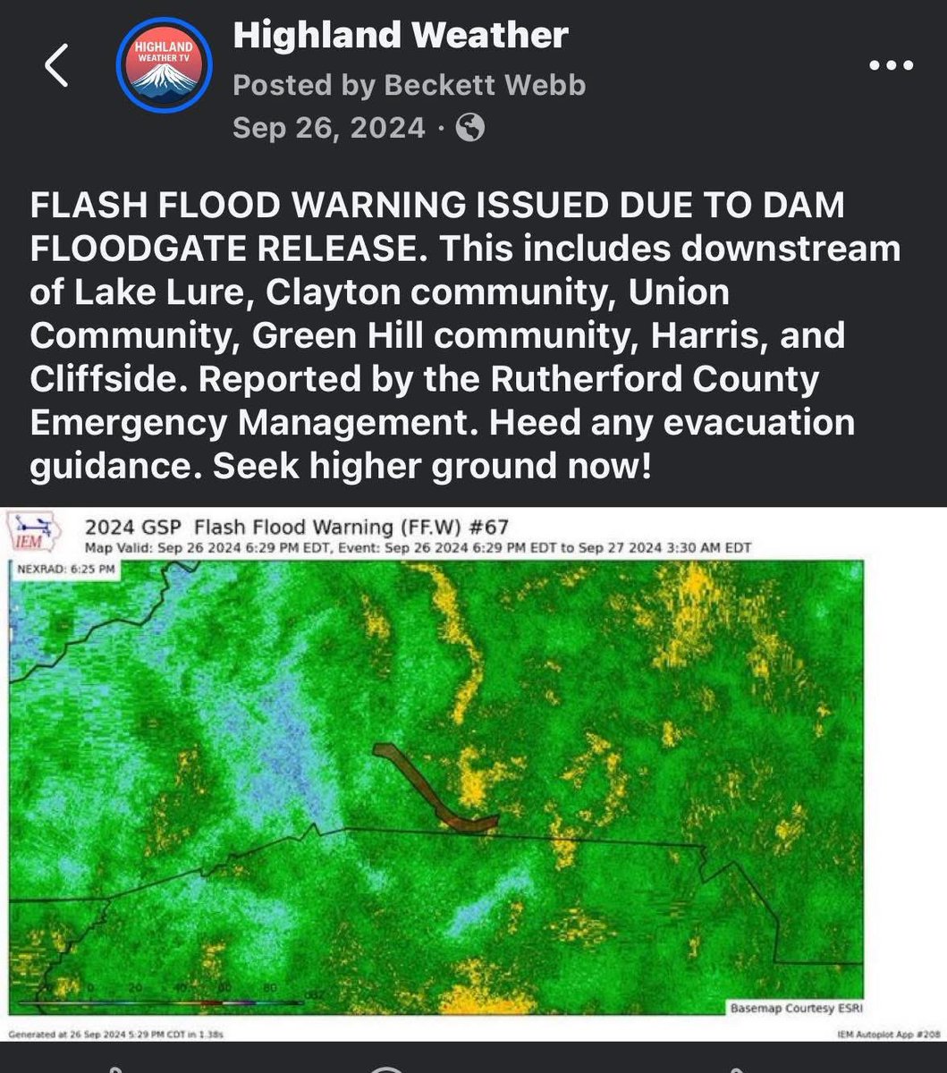 HighlandWX's tweet photo. 2 YEARS AGO: Rain continued to fall, already prompting flash flood warnings and emergencies. Highland Weather also sent out when the impacts from Helene will be. This was only 24 hours before the full on arrival of Hurricane Helene. Below are some posts sent out from us. https://t.co/edfDDfP2ny