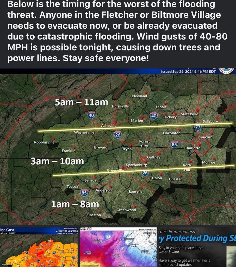 HighlandWX's tweet photo. 2 YEARS AGO: Rain continued to fall, already prompting flash flood warnings and emergencies. Highland Weather also sent out when the impacts from Helene will be. This was only 24 hours before the full on arrival of Hurricane Helene. Below are some posts sent out from us. https://t.co/edfDDfP2ny