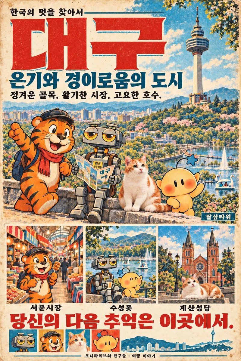 mrsmithbarcode's tweet photo. DAEGU: A CITY OF WARMTH & WONDER
Subtitle: Old Streets, Bright Markets, Quiet Waters—and New Memories Waiting to Begin.
#Daegu #VisitDaegu #RetroKorea #KoreaTravel #VintageTourism #Johnny5AndFriends #ButterTheCat #NostalgicKorea https://t.co/iKxSOv7OP6