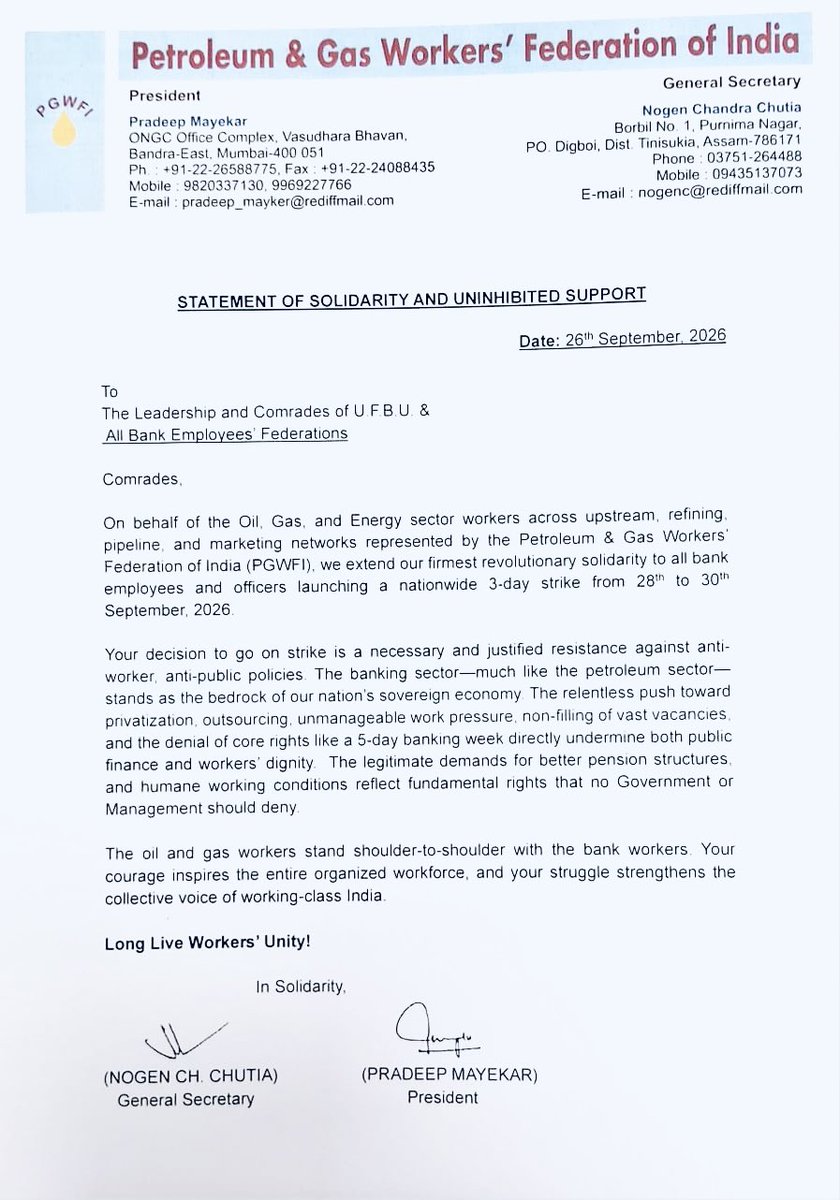 SBIOAKC's tweet photo. 🤝 SOLIDARITY BEYOND SECTORS — WORKERS STAND TOGETHER

The Petroleum & Gas Workers’ Federation of India (PGWFI) extends its firm solidarity and support to bank employees and officers participating in the nationwide strike from 28–30 September 2026.

From the oil and gas sector to banking, workers across sectors face common concerns — work pressure, vacancies, outsourcing, workers’ rights and dignified working conditions.

🤝 When workers stand together, the collective voice grows stronger.

Long Live Workers’ Unity! ✊

#WorkersUnity  #PGWFI #UFBU #BankStrike #5DayBankingNow #5DayBanking #Bank #UFBU #AIBOC @aiboc_in