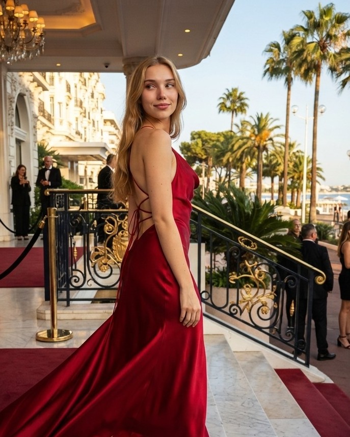 AlanMccolpin's tweet photo. Left a little piece of my heart on these steps. The French Riviera after dark feels utterly cinematic—ruby-red satin, a Mediterranean breeze, and flashbulbs catching my gown’s train. Classic red or sleek black for a gala night? https://t.co/AQQE2MKD4g