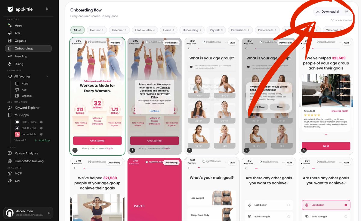 jacobrodri_'s tweet photo. I just found the best way to replicate the onboardings of apps making $100k–$1M/month:

1. Go to https://t.co/JVdPBQHcqJ
2. Open the Onboarding Library
3. Filter for apps making over $100k/month
4. Pick an app with a strong revenue/download ratio (e.g. $100k MRR and 20k downloads/month)
5. Download all the screens from its onboarding as a ZIP
6. Go to claude/codex, attach the ZIP and tell it to adapt your onboarding based on the reference (using your own fonts, colors, pricing...)

just like that your onboarding could easily double your conversion rate