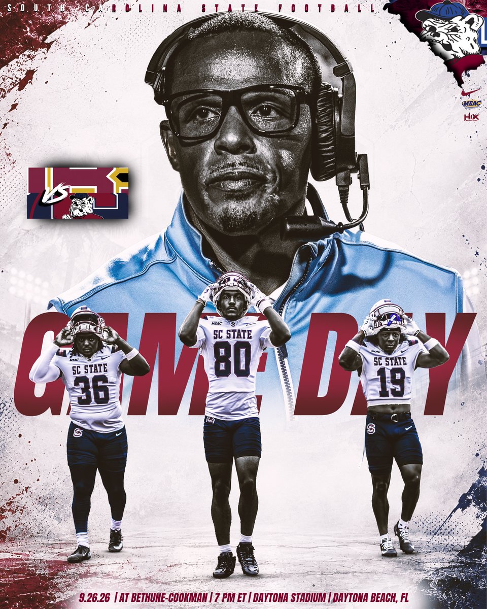 SCState_Fb's tweet photo. #GoDogs

DAYTONA, HEAR THOSE BULLDOGS COMING?! 🗣️🐶

It’s GAME DAY. The pads are packed, the Bulldogs are in town, and we came for ROAD BUSINESS. 😤🔥

🆚 Bethune-Cookman @BCUGridiron 
⏰ 7 PM
🤍 BULLDOG NATION: WEAR ALL WHITE!

Four quarters. One mission. LEAVE NO DOUBT.

@SCStateAthletic @MEACSports @coachberry77 

#PayTheFEE
#DigDEEP
#STATEofMind
#RaiseTheBAR
🔴🔵🐶🏈