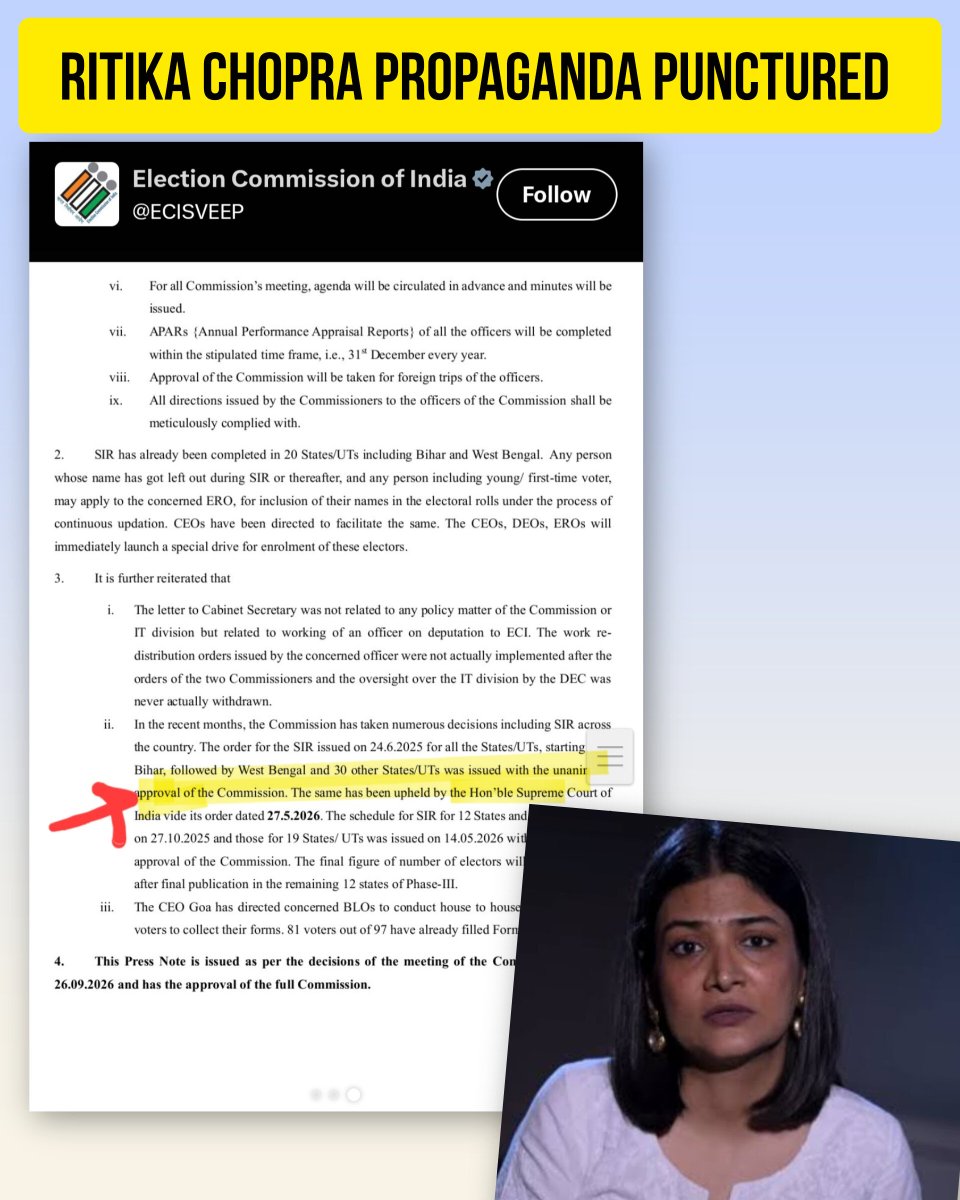 DearMenLife's tweet photo. @ECISVEEP "All Decisions on SIR were taken unanimously." - ECI.

Indian Express Hitjob fall flat.

Hope ECI take defamation case against Dalalai of Ritika Chopra. https://t.co/t6ZwUQUafo