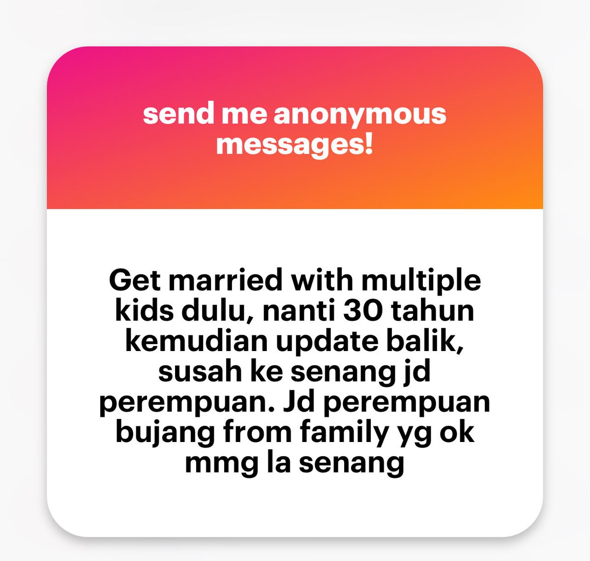 na_adf's tweet photo. Awak yg pilih nak kahwin and have multiple kids. Kenapa tak puas hati dgn perempuan bujang btw. Ingat orang bujang hidup have2 je ke, takde komitment and orang yg perlu dijaga? https://t.co/P4IKRQ7PN8