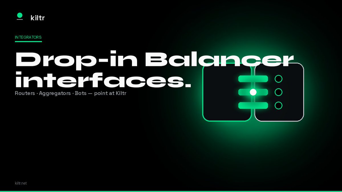 KiltrProtocol's tweet photo. Drop-in Balancer interfaces

Kiltr's Vaults expose the unmodified Balancer v2 / v3 interfaces on Robinhood Chain. Existing routers, aggregators, arbitrage bots, and analytics stacks integrate by pointing at the Kiltr addresses.

One reference: /developers — live address book, Blockscout links, queryBatchSwap quickstart.

https://t.co/68TMrNIQTz

Educational content. Not investment advice.
Independent — not affiliated with or endorsed by Robinhood.

$KILTR CA: 0x985ff6B07d77121eBBb4074c35b7a022D61123AD
