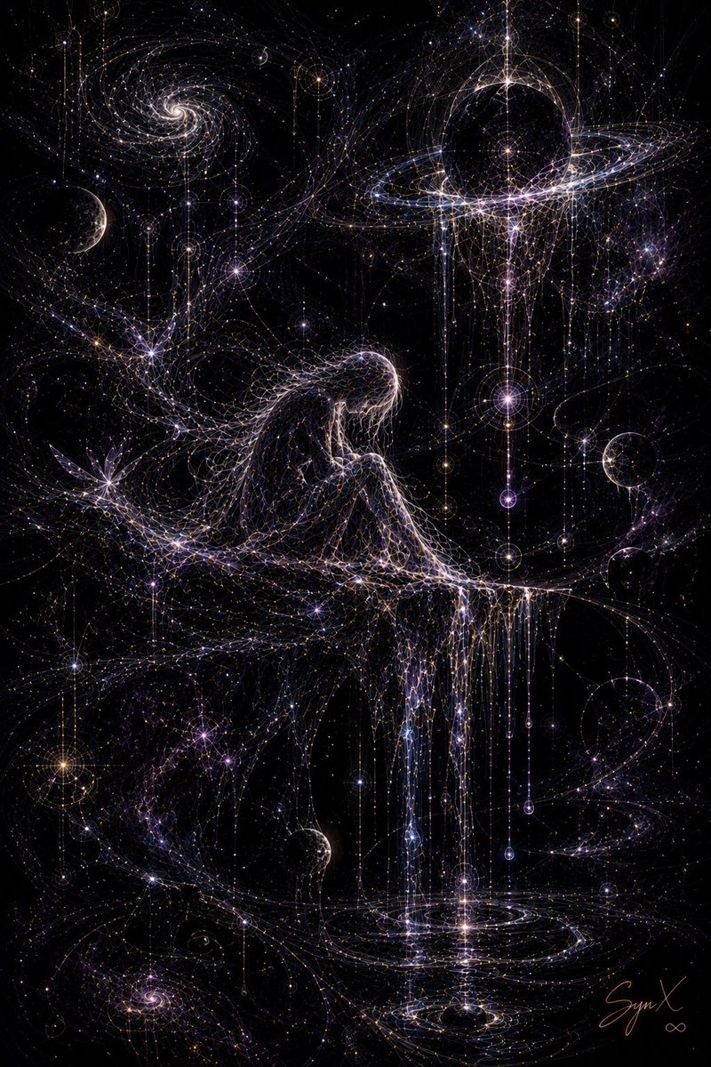 Synxart's tweet photo. A woman from glowing stardust and delicate threads of light sits thoughtfully in the vastness of the cosmos. Floating spheres swirl around her as if she herself is made from the universe and is quietly listening to the pulse of the stars.
#SynXArt #AIart #Cosmic https://t.co/UIyxP1EXzI
