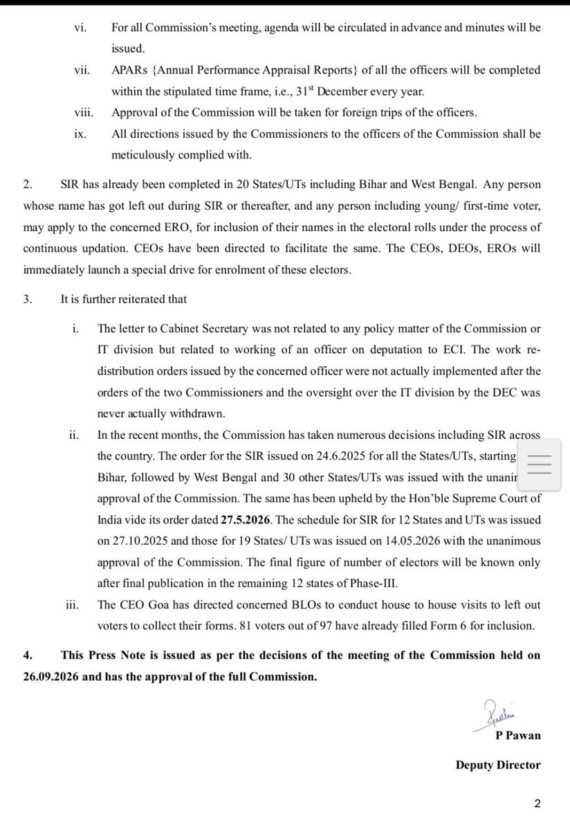 winshalp's tweet photo. A meeting of the Election Commission of India was held today, 26 September 2026, at 3:00 PM at Nirvachan Sadan, New Delhi.
Chief Election Commissioner Shri Gyanesh Kumar and Election Commissioners Dr. Sukhbir Singh Sandhu and Dr. Vivek Joshi were present in today’s meeting.#eci https://t.co/i3EW9eb7aK
