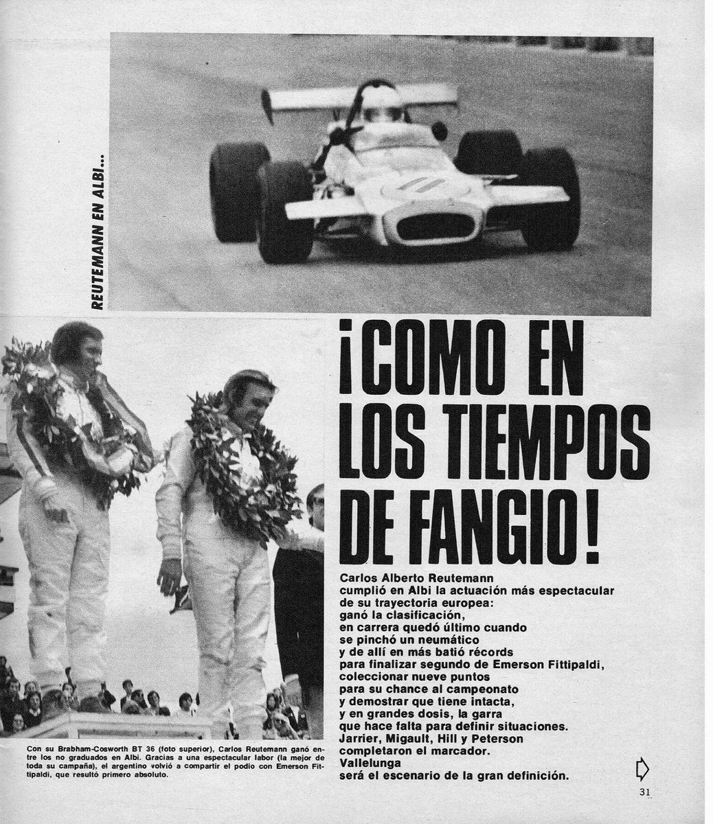 PatoG82's tweet photo. 26 de Septiembre de 1971. F2 Europea en Albi 🇫🇷

COMO EN LOS TIEMPOS DE FANGIO
"Carlos Reutemann 🇦🇷 cumplió la actuación mas espectacular de su trayectoria europea: Ganó la clasificación, quedó último al pinchar y batió records para finalizar segundo de E. Fittipaldi"

Automundo https://t.co/VbgJOHJivM