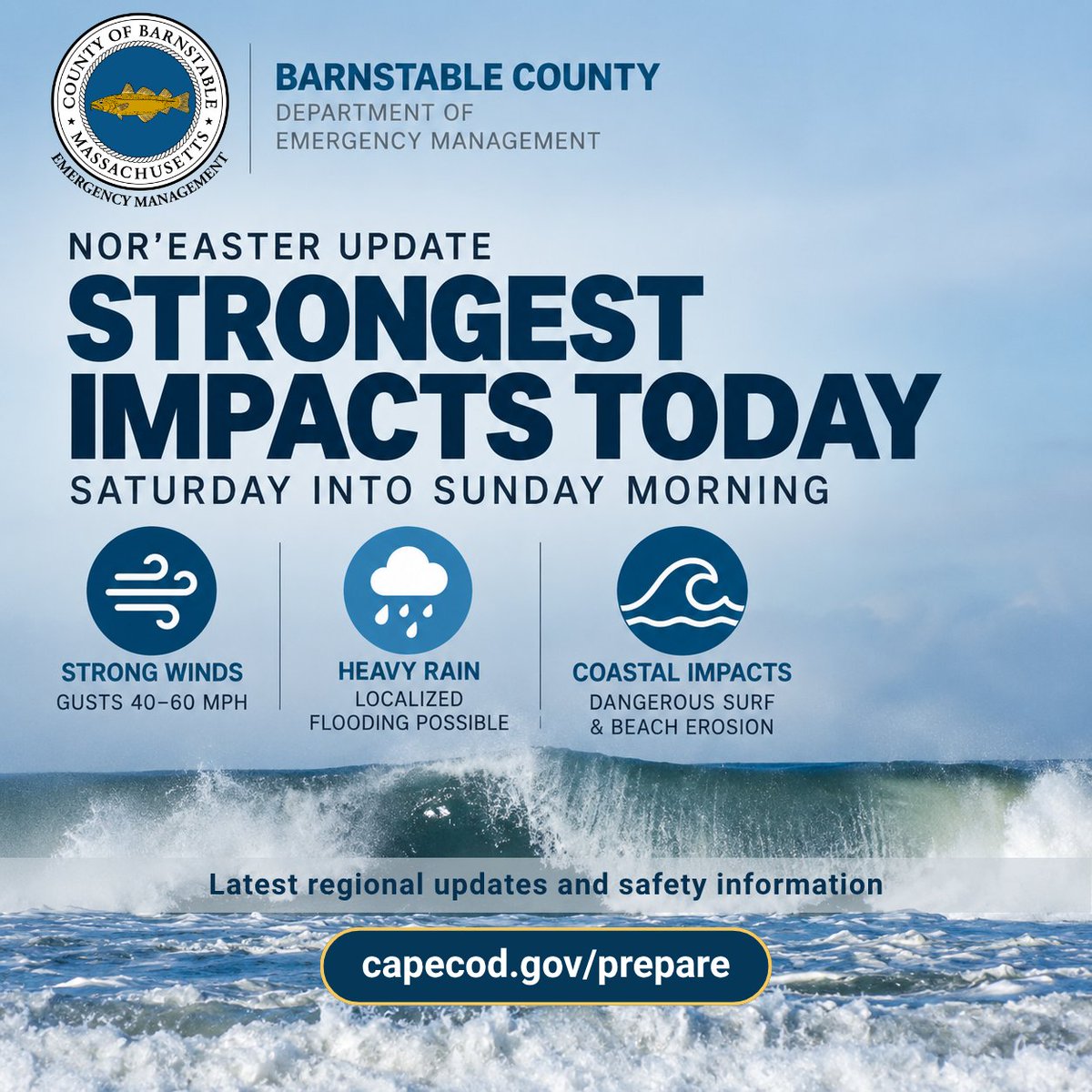 BCHDCapeCod's tweet photo. 🌧️ Nor’easter Update: Strongest impacts expected today to early Sunday.
High Wind Warning: gusts 45–60 mph possible Coastal flooding/beach erosion possible
Heavy rain/localized flooding
Outages remain relatively low so far, but we’re not through it yet.  https://t.co/hPYzQgIIII https://t.co/UIuvrILnMQ