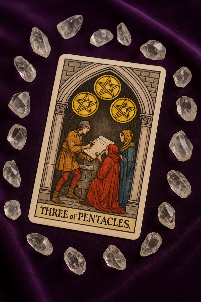 Ren_astrology's tweet photo. 今日のカードは "Three of   Pentacles" 🌙
    メッセージは「 "協力の中で成果が形になります。仲間と共に作り上げて。"」。
 
    このカード、あなたはどんな風に受け取りますか？🔮
    #占い #タロット #今日の運勢 https://t.co/ZDuav44kjL