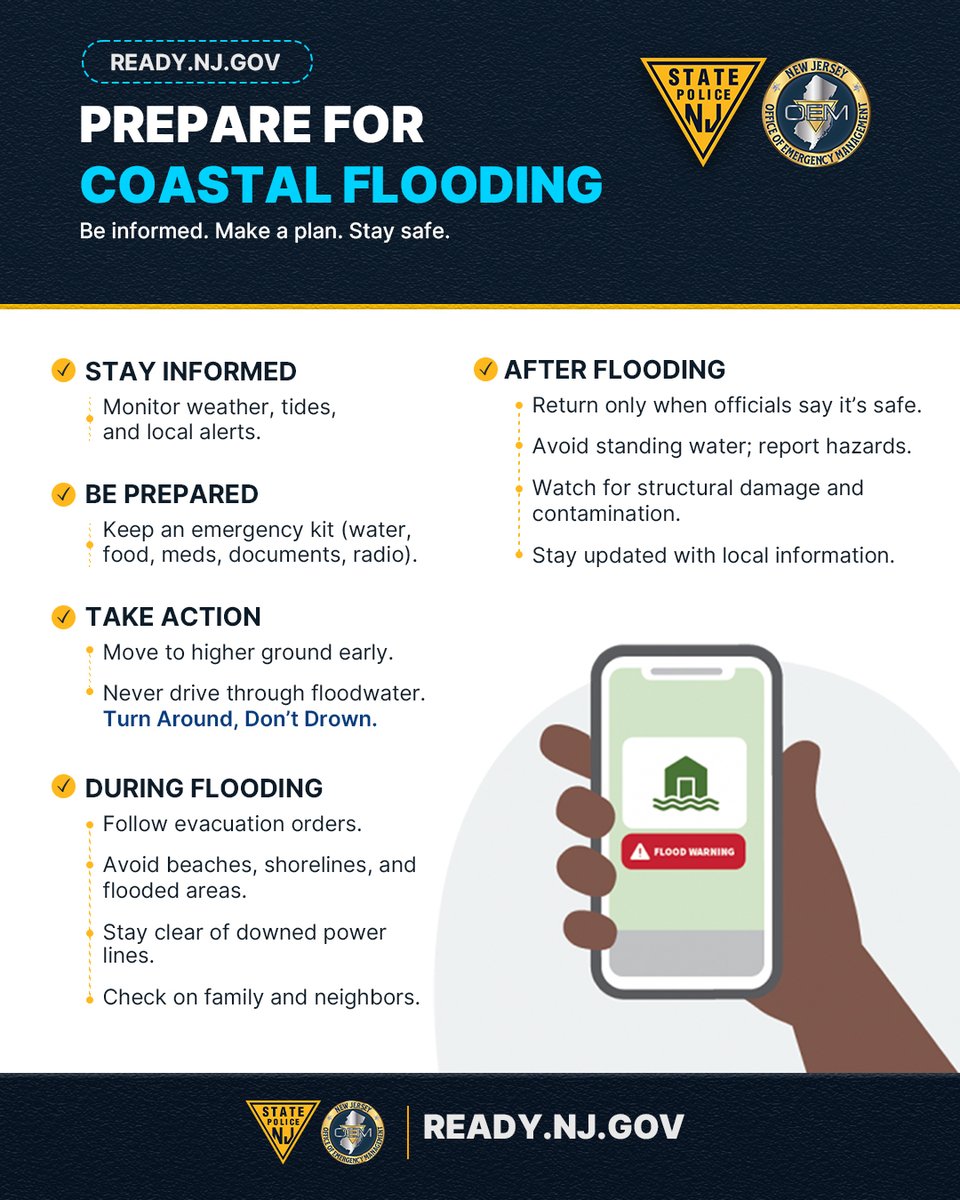 ReadyNJ's tweet photo. Coastal flooding can happen quickly, especially during high tides and periods of heavy rain or strong winds. 

Stay informed, avoid flooded roadways, and never drive through floodwater. https://t.co/4Q4qxm6dtL