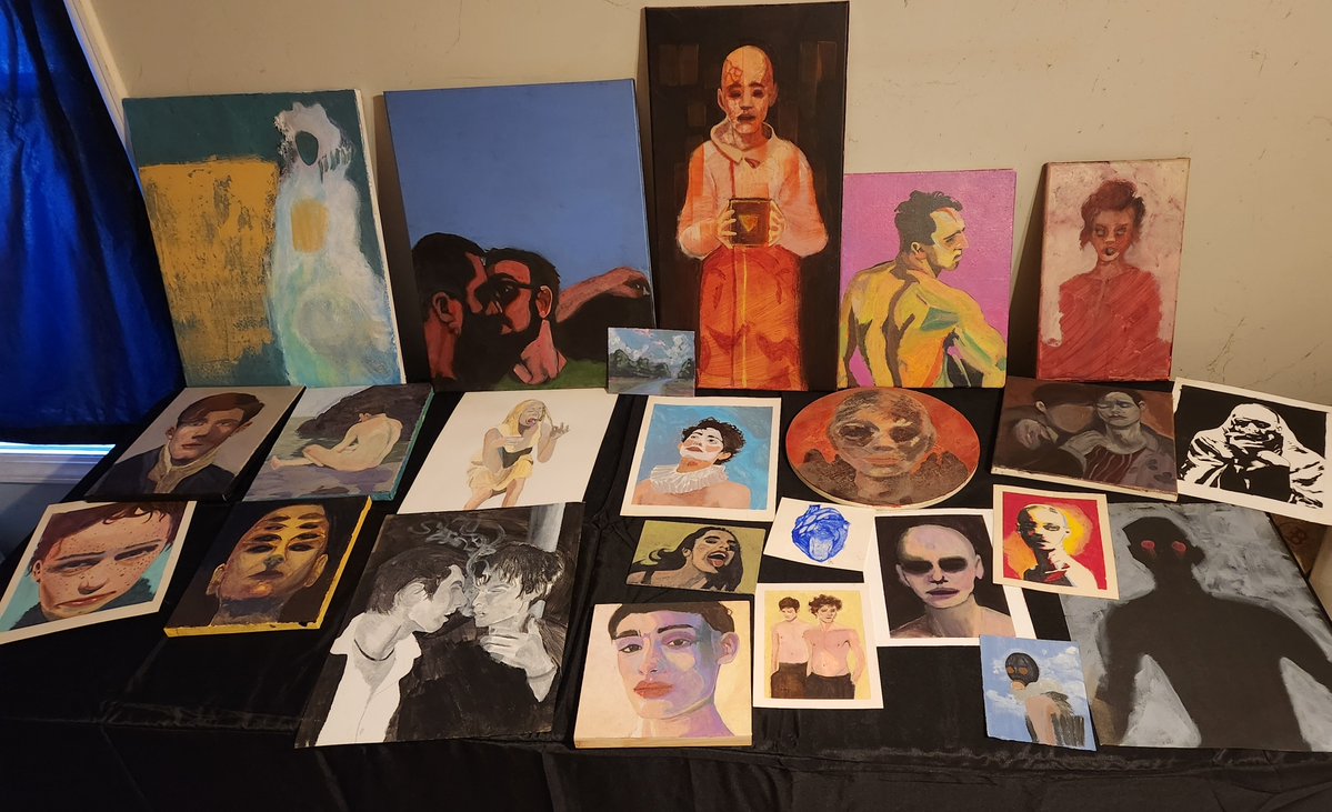 IffyWisdom's tweet photo. Table full of Weirdos. Follow me for more art like this, lol.

Prepping for next weekend's Art festival here in my town. So dang excited to meet everyone and talk "shop" and make art all day

My favorite in this photo is probably the red & yello near lower right. That was so fun to paint and felt like a character from a @RobZombie movie haha.
