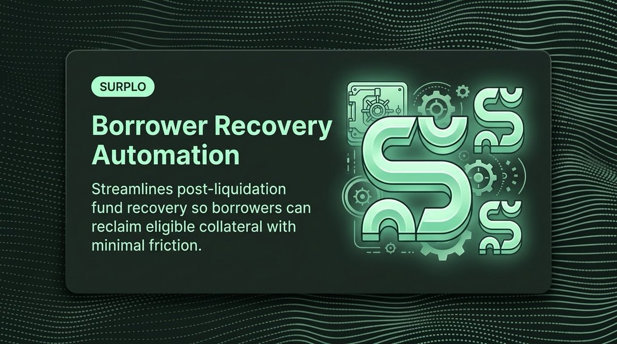 OpenSurplo's tweet photo. Recovery should not depend on manual processes.

Surplo automates post-liquidation fund recovery by streamlining the return of eligible remaining collateral to borrowers, reducing friction between liquidation settlement and surplus recovery. https://t.co/J0SWQXRSGm