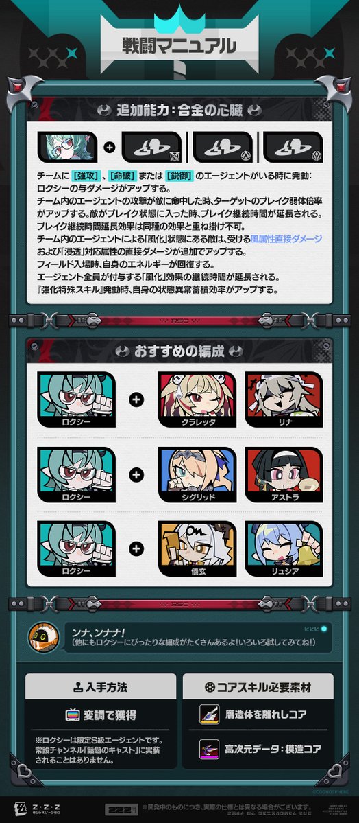 ZZZ_JP's tweet photo. エージェント戦闘マニュアル丨ロクシー編

更新がまもなく完了します…
エージェント【ロクシー】の戦闘情報をデータベースに収録しました。主な内容の解析完了、どうぞお受け取りください。
「安らかな眠りを、授けましょう！」

▼詳細
https://t.co/Kjzs654Yz4

#ゼンゼロ #ロクシー https://t.co/pebkxzY5DV