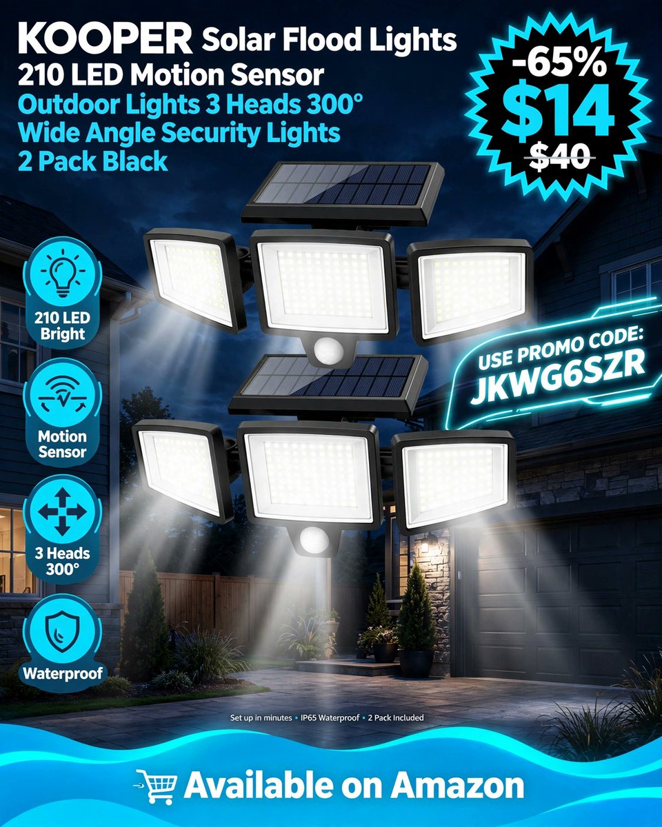 PrimesDeals's tweet photo. ☀️ KOOPER Solar Flood Lights — 2 Pack ☀️

💡 210 LED Motion Sensor Lights
🔦 3 Heads with 300° Wide Angle
💧 Waterproof Outdoor Design
🏷️ Use Promo Code: JKWG6SZR
💰 65% OFF — $14.00
🔗 Affiliate Link 👉 https://t.co/tJSMsUfjRq https://t.co/gfyfRJGPob