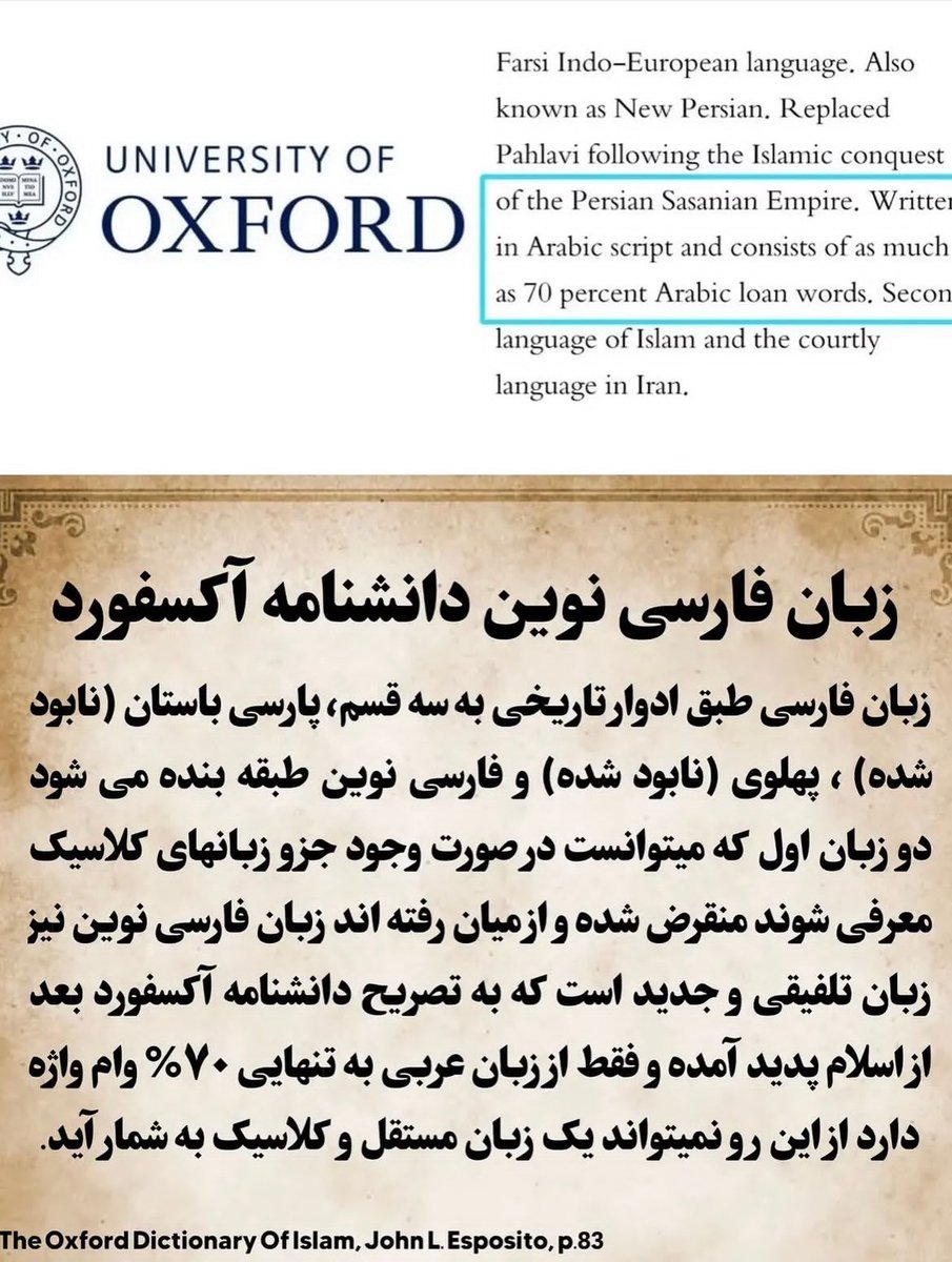 manasturkk2's tweet photo. فارسی نه تنها زبان زنده کلاسیک نیست از دید هیچ سازمانی خصوصا یونسکو حتی زبان فارسی هم در یونسکو رسمیتی نداره و آکسفورد زبان فارسی کنونی را تلفیقی و جدید معرفی کرده که بعد اسلام پدید اومده و گفته هفتاد درصد لغات فارسی ریشه عربی دارند و از زبان عربی گرفته شده https://t.co/azfQ8Fk6Kf