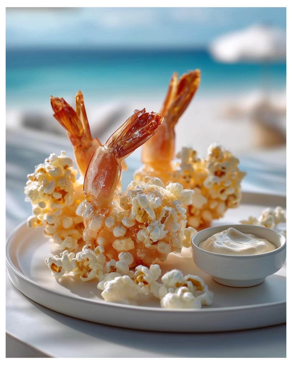InellCerecer's tweet photo. Facing the sea in Miami Beach, I discovered a bold, stylish dish: shrimp coated in salted popcorn, served with a delicate mayonnaise. A real treat—an explosion of flavor, unique and absolutely delicious. https://t.co/sPHnIr3TWa