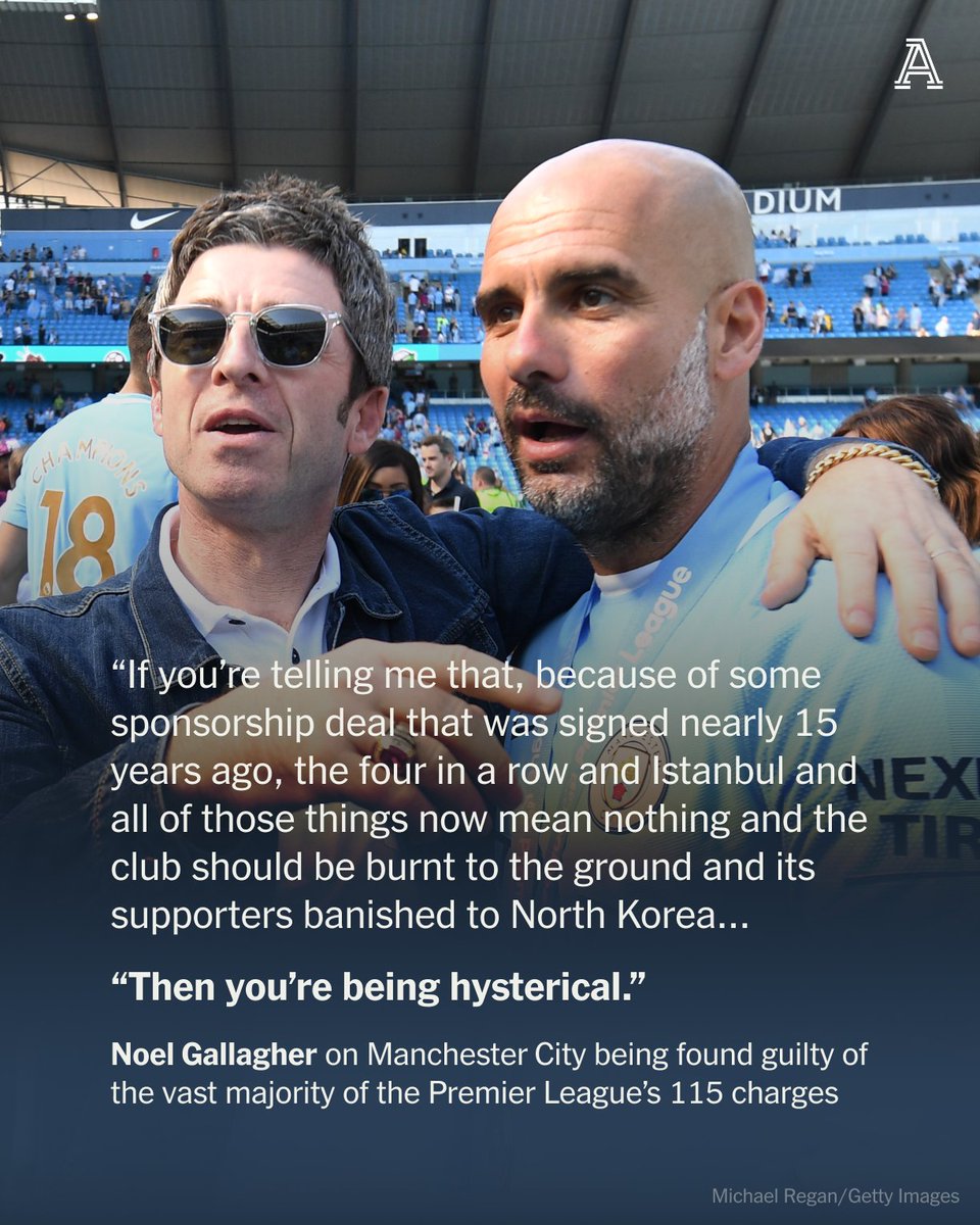 TheAthleticFC's tweet photo. “The club did what they felt they had to do and are adamant they have done nothing wrong and I will take the word of Khaldoon over any clown on YouTube or biased ex-player-turned-pundit. 

“Until he speaks, I stand with the club. Then we’ll see.”

Noel Gallagher says he has already been “shouted at in the street” after the news that Manchester City are to be found guilty of the vast majority of the Premier League’s 115 charges over alleged financial mismanagement.

The Oasis songwriter and guitarist spoke to @SamLee about the situation — and insists City's achievements will not be tarnished in his eyes.

Free to read: https://t.co/uROttLqnUN