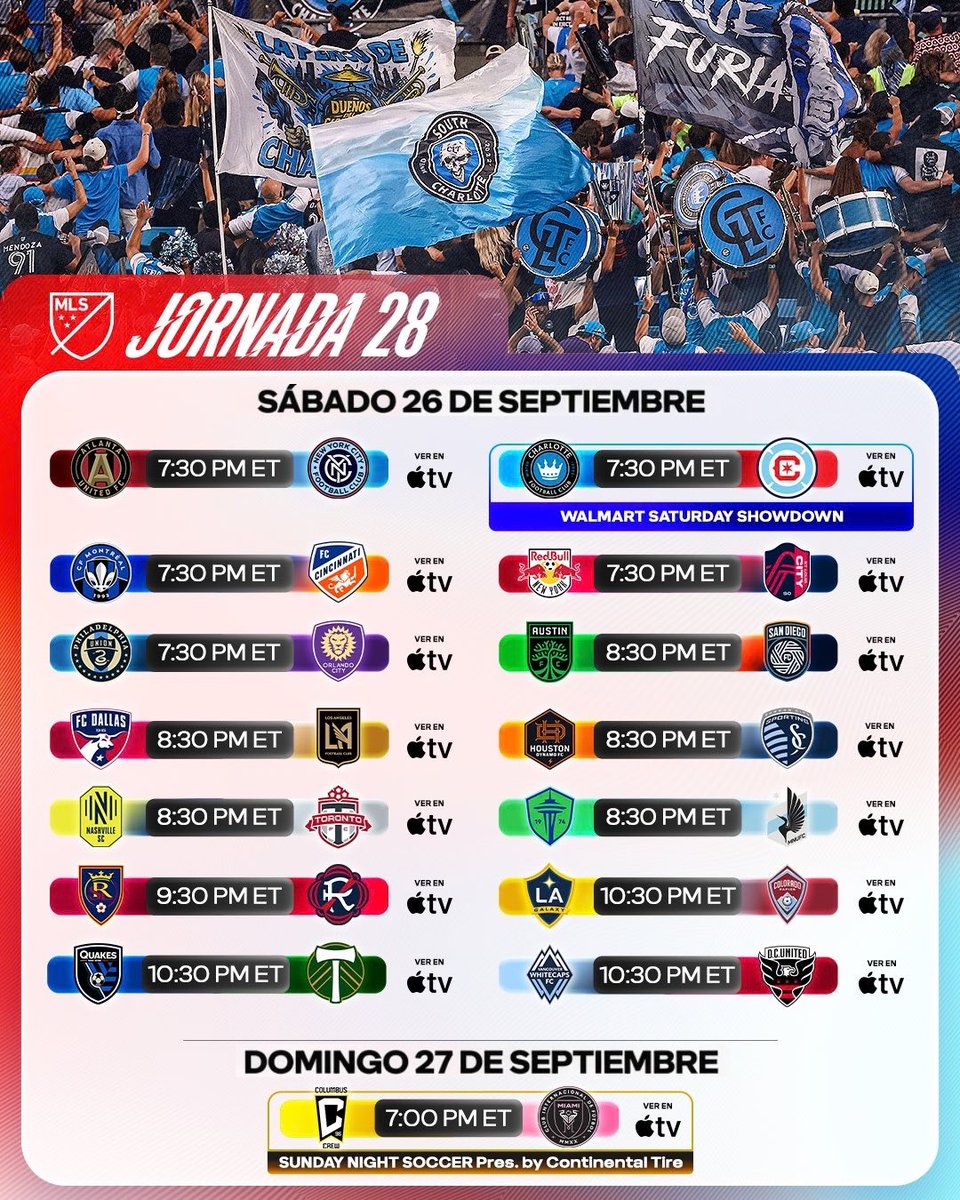 MLSes's tweet photo. Un fin de semana con MUCHO FÚTBOL nos espera. 🔜⚽️

📺 Disfruta de todos los partidos por @appletv: https://t.co/l9ajqxmxb9 https://t.co/lid78ISc9J