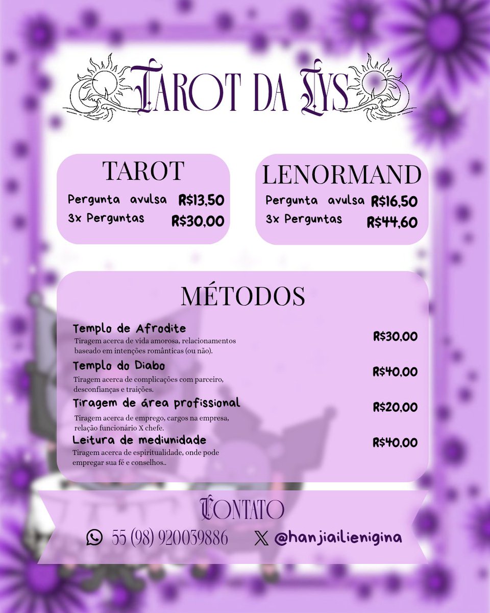 hanjialienigina's tweet photo. TABELA DE PREÇOS E MEUS MÉTODOS
🔖: tarot, taro, tiragem, leitura, cartas, tarologa, cartomante, baralho cigano, previsão, oráculos, amorosa, espiritualidade, consulta, bruxa, oraculista, mesa, aberta, reconciliação, geral, amor, #thread, #magictwt, #tarotwt, #mesaaberta. https://t.co/Dq7oQkKsrv