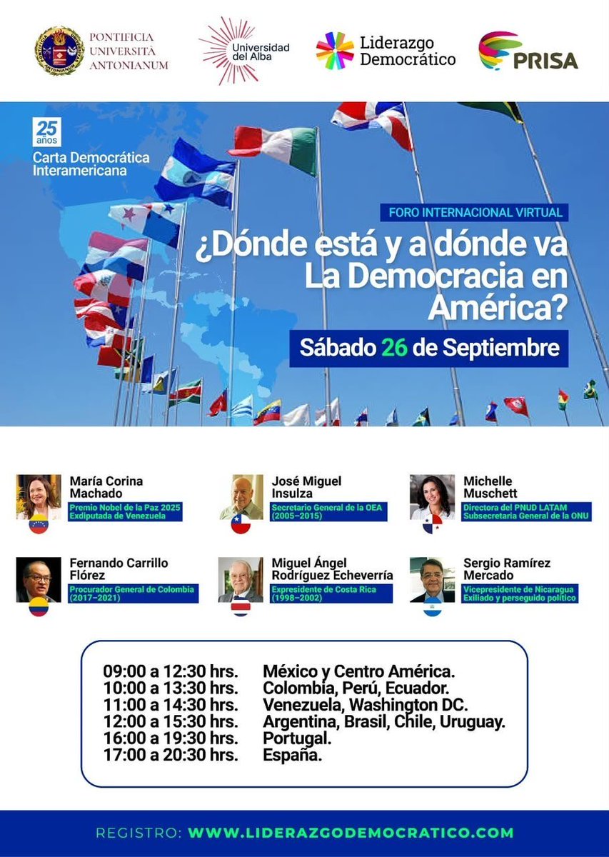 VenteVenezuela's tweet photo. 🌎 ¿Dónde está y a dónde va la democracia en América? 🇻🇪

Este sábado 26 de septiembre, @MariaCorinaYA participará en el Foro Internacional Virtual a 25 años de la Carta Democrática Interamericana, junto a reconocidos líderes de la región.   

🗓️ Sábado 26 de septiembre   
🕚 Hora Venezuela: 11:00 AM a 2:30 PM
🌐 Registro: https://t.co/oE1KLVTEeM