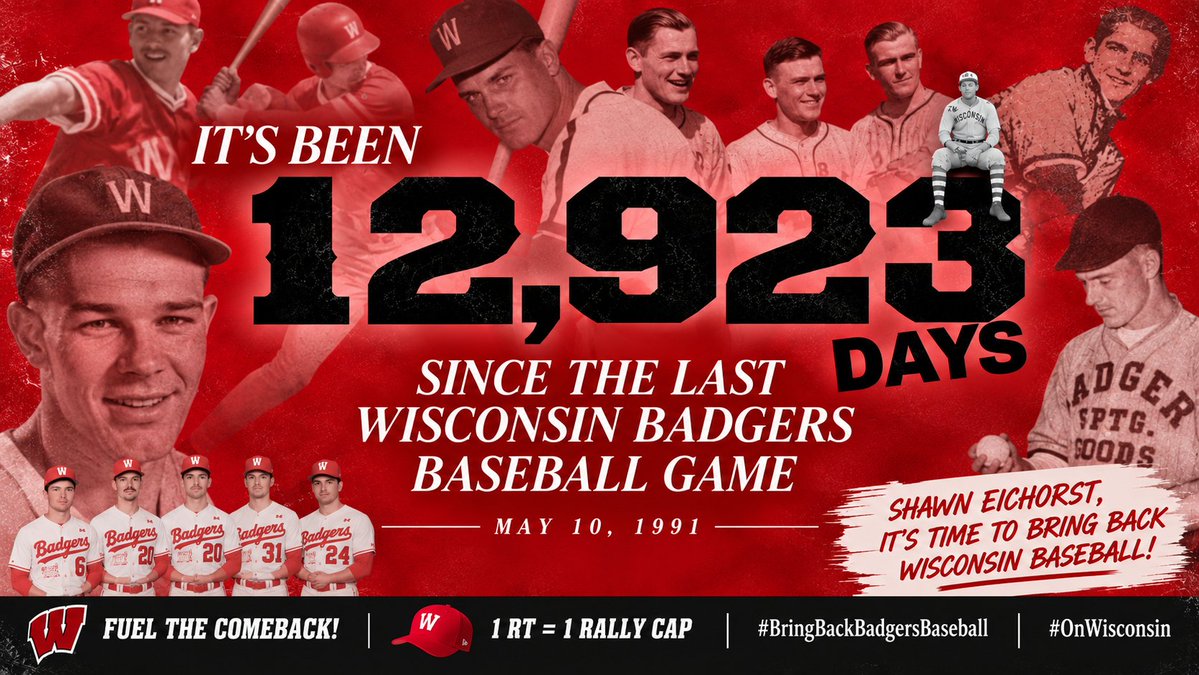 4BadgerBaseball's tweet photo. 12,923 days since the last @UWBadgers baseball game.
The wait has been long enough. It’s time to put Wisconsin back on the diamond. ⚾️
🦡👐 1 RT = 1 Rally Cap 👐🦡
#BringBackBadgersBaseball #OnWisconsin https://t.co/vODm6GhDC3