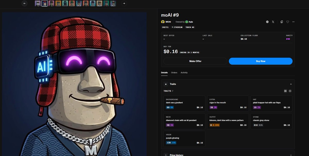 moAI_mascot's tweet photo. moAI #9
Head #9, standing for year 9 of 900. A head of classic grey stone in a plaid trapper hat with ear flaps, a dark blue kimono with a wave pattern and a diamond chain with an M pendant, with a purple glowing visor. Stands against a dark navy backdrop. Extra detail: a cigar in the mouth. Only 8 of 900 share its outfit: dark blue kimono with a wave pattern. Counts centuries the way others count blossoms. moAI: 900 stone heads, one for every year it has stood.

https://t.co/Qqg1e5824Q