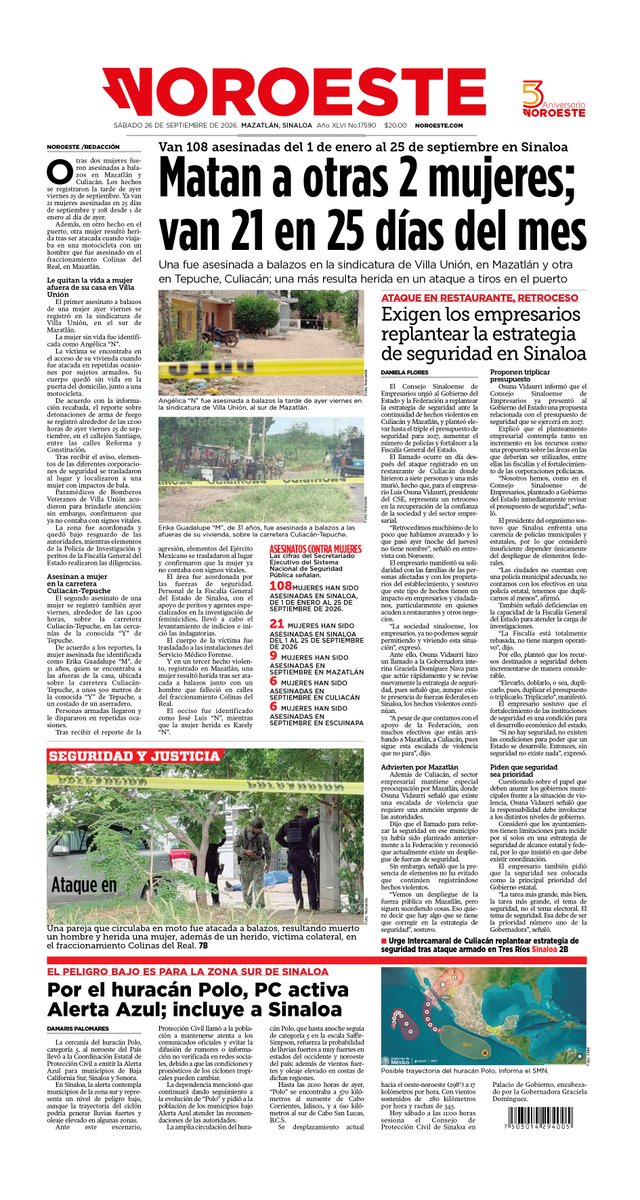 noroestemx's tweet photo. Este sábado en la #Portada 📰 impresa de @noroestemx en #Mazatlán 🗞️:
🔴 Matan a otras 2 mujeres; van 21 en 25 días del mes
🔴 Exigen los empresarios replantear la estrategia de seguridad en Sinaloa
🔴 Por el huracán Polo, PC activa Alerta Azul; incluye a Sinaloa https://t.co/p79sXm6O5A