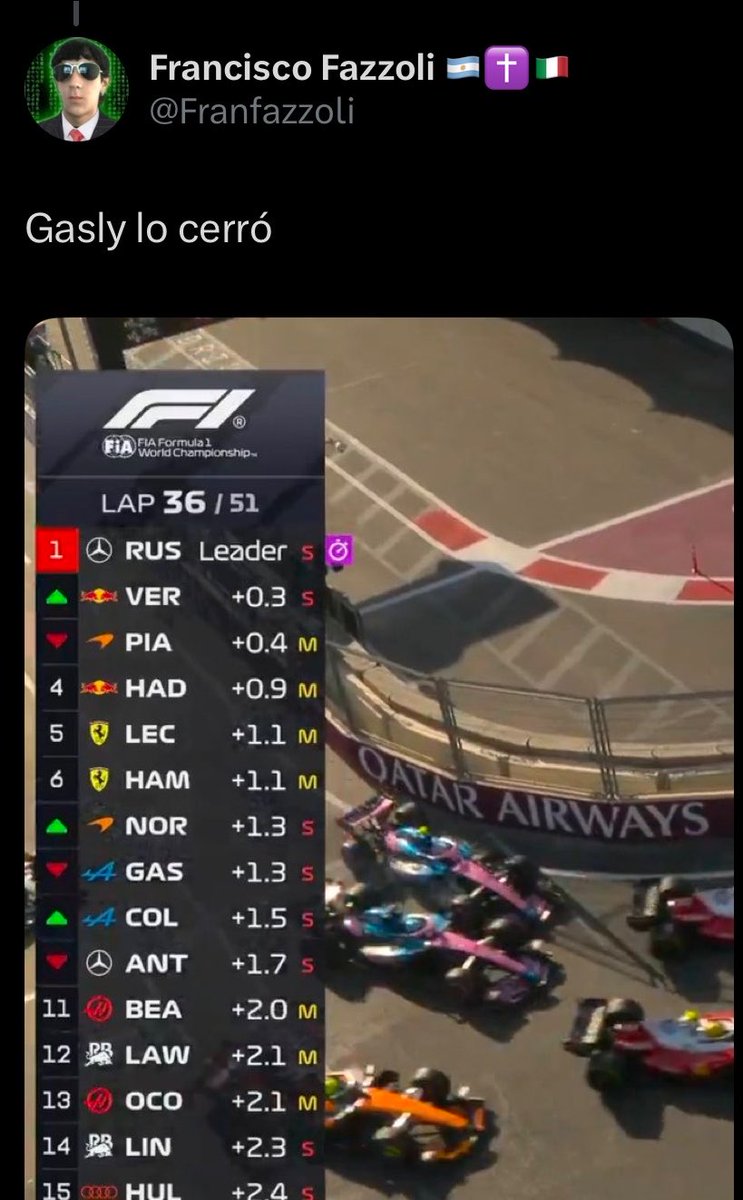 albertomuroo's tweet photo. Pierre Gasly sos un terrorista.

Es inaceptable que el compañero de equipo de Franquito sea tan pelotudo de dejarle sin espacio.

Ustedes gallegos están re ciegos sin no saben interpretar una imagen tan clarita. https://t.co/iAoiH9yX0e