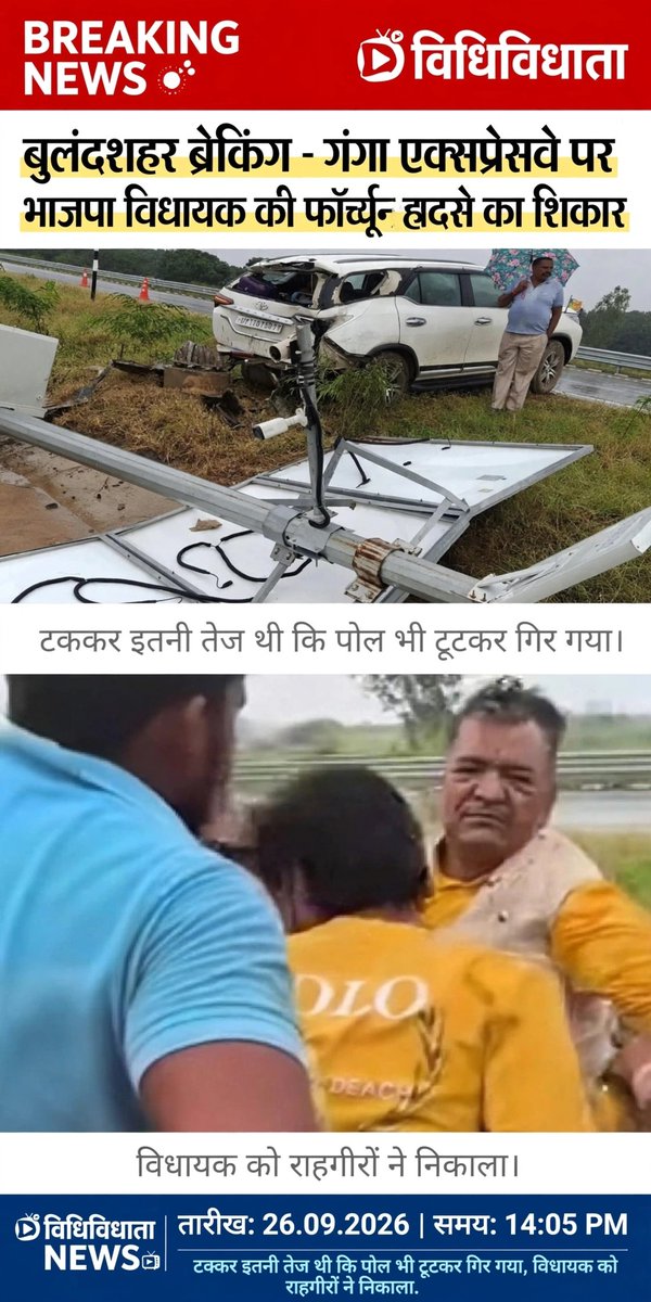 Chandra13101734's tweet photo. #बुलंदशहर - गंगा एक्सप्रेसवे पर भाजपा विधायक चंद्रपाल लोधी की कार हादसे का शिकार, टायर फटने से पोल से टकराई Fortuner, विधायक घायल।
#BJP #MLAAccident #BulandshahrPolice https://t.co/79E6JDWD4v