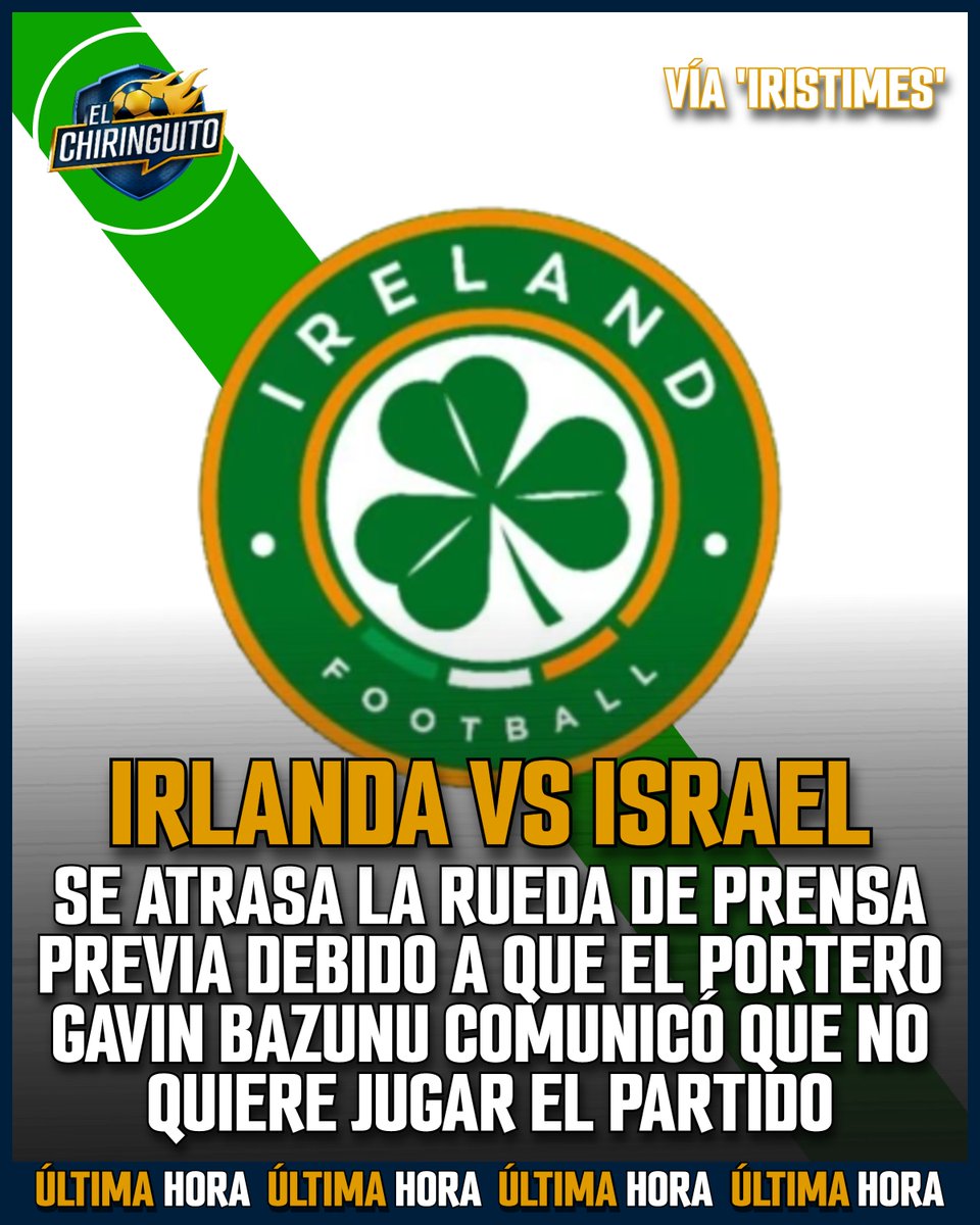 elchiringuitotv's tweet photo. 🚨 ÚLTIMA HORA | Atrasada la rueda de prensa previa al Irlanda-Israel.

👉 Gavin Bazunu, portero de Irlanda, no quiere disputar el encuentro. https://t.co/WTfvxyguGj