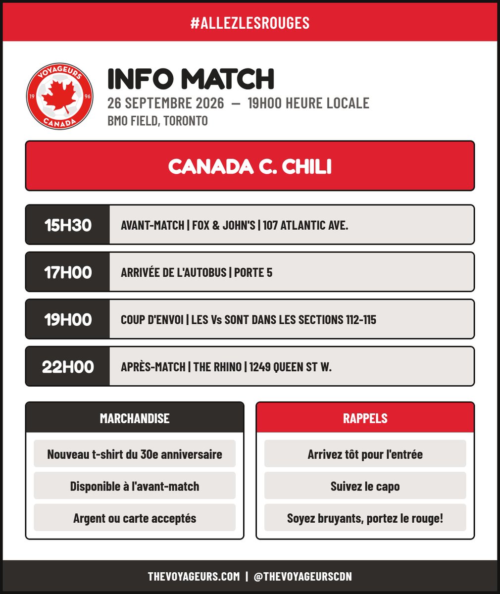 thevoyageurs's tweet photo. Reminder / Rappel
Toronto, we're coming. September 26, 2026
Toronto, on arrive. Le 26 septembre 2026
#AllezLesRouges #CanMNT https://t.co/YsKnxro4ti