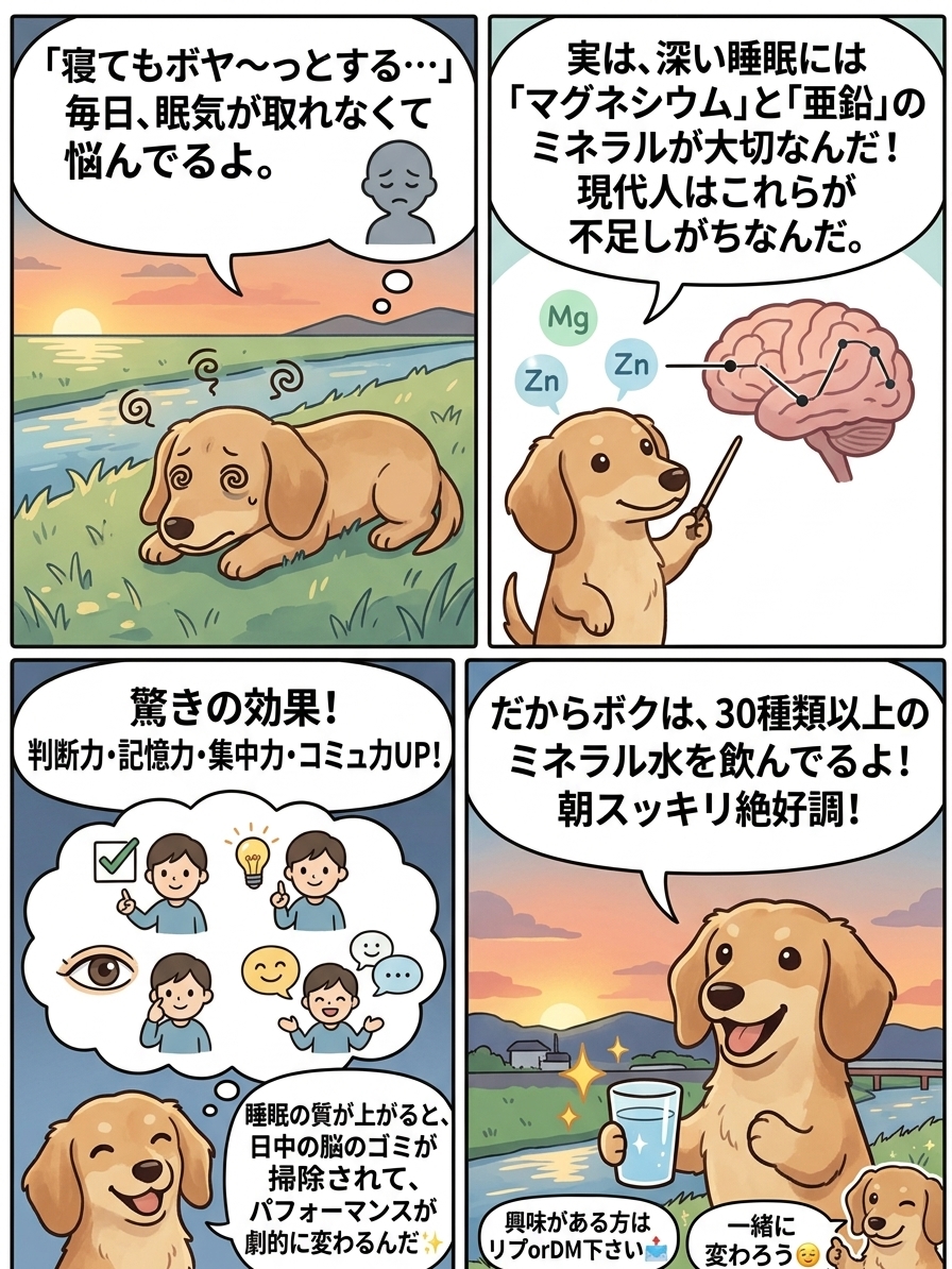 Notoriousmagari's tweet photo. 【「しっかり寝たのに頭がボヤ〜っとする…」その原因、実は？】

「睡眠の質」を上げるために本当に大切なのは、ズバリ「マグネシウム」と「亜鉛」という2つのミネラルです！

マグネシウムには神経の興奮を抑えて心身を深いリラックス状態へ導く働きがあり、亜鉛は睡眠の周期を整えて脳の休息をサポートしてくれます。

しかし悲しいことに、現代人の多くは毎日の食事だけでは致命的な「ミネラル不足」に陥っています…。これではいくらベッドの中に長時間いても、深い睡眠をとることはできません。

そしてここからが、前回予告した「意外な驚きの効果」です！

ミネラルを補給して睡眠の質がガラッと上がると、ただ「朝スッキリ起きられる」だけではありません。睡眠中に脳の疲労がしっかり除去されることで、日中のパフォーマンスに劇的な変化が起こります。

具体的には… ✨ 判断力（迷いがなくなり、決断が速くなる） ✨ 記憶力（物忘れが減り、頭の回転がシャープに） ✨ 集中力（ゾーンに入ったように仕事や作業が進む） ✨ コミュニケーション力（脳の余白ができて感情が安定し、対人関係がスムーズに）
睡眠の質が高まるだけで、あなたの日常のポテンシャルが爆発的に引き出されるんです！
ちなみに私は、体に必要な30種類以上のミネラルが手軽に摂れるお水を毎日の習慣にしています。おかげで毎日頭がクリアで絶好調です✨
このお水に興味がある方はリプorDM下さい！丁寧に説明します📩