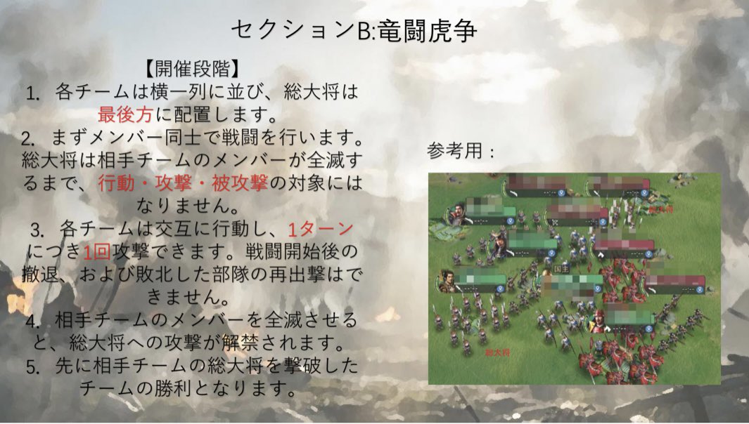 KOH7232014's tweet photo. 【いいね❤️80まで】
→リポストもよろしくです🙏

【戦備末イベント】
神龍・心騎一天合同開催
セクションAB
今期はPKシーズン上杉陣営vs武田陣営として共に戦った相手陣営での開催
終戦後はノーサイド！協力に感謝🤝

#信長の野望真戦
#乱世の争い
#戦備末 https://t.co/46Q6r6x3hN