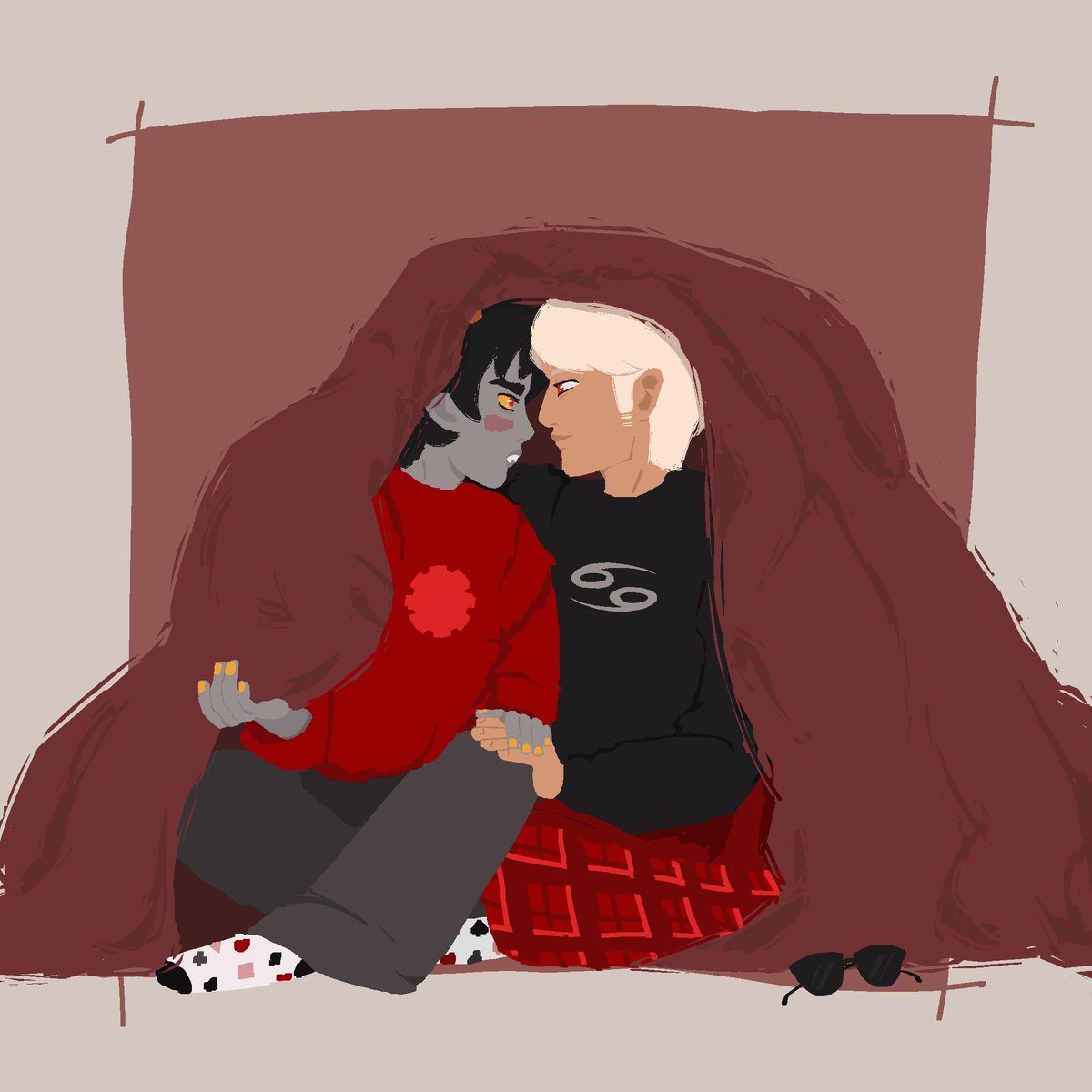 seiragakies's tweet photo. #davekatweek2026 day 6 - (in)security. what's more secure than a cozy feelings jam under a blanket with the guy who's going through the same fucked up shit you are? #homestuck https://t.co/qgFbHlO8LC