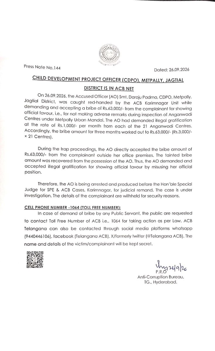 TelanganaACB's tweet photo. TRAP CASE - KARIMNAGAR RANGE 

Daroju Padma, CDPO (Child Development Project Officer), Metpally, Jagtial District was caught by ACB, Karimnagar unit while AO demanding and accepting a bribe amount of Rs. 63,000/-.

(Full details are in Press Note) https://t.co/RqMIxGuai1