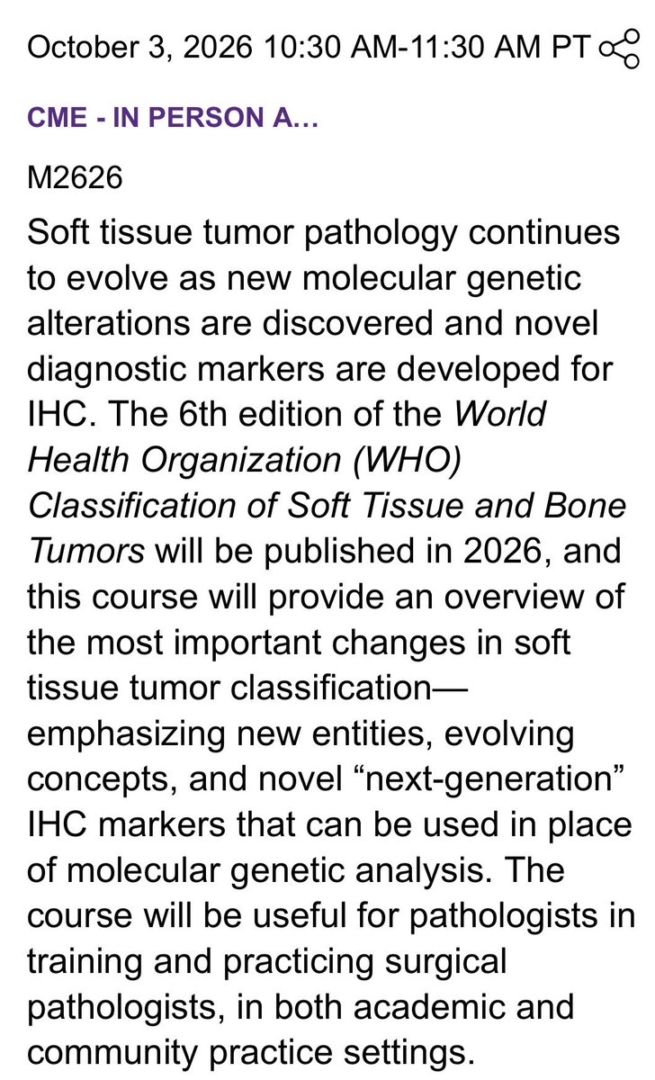 JLHornick's tweet photo. Excited to talk about the new 2026 WHO Classification of Soft Tissue and Bone Tumors! Beta version just published online!

Hope you can join me if you are attending #CAP26 in Las Vegas!

@Pathologists @MGBpathology https://t.co/Dprv51Nxba