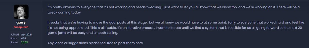 titanovskyy's tweet photo. I saw @garrynewman acknowledged what went wrong with Game Jam III. Admitting mistakes isn't easy. I don't think there'll ever be an ideal solution, so we have to choose between two bad options, community voting or judging. I'm for the second one!

#sbox #s8box #gamedev #gamejam https://t.co/HAn9OPXkXw