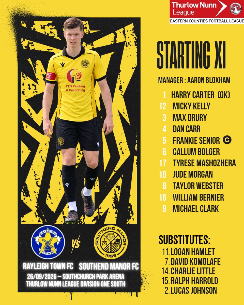 SouthendManorFC's tweet photo. 📋 TEAM NEWS | YOUR MANOR XI 🟡⚫️

Here’s how we line up for this afternoon’s clash with Rayleigh Town FC!!

🔙 Dan Carr and Tyrese Mashozhera returns to the starting XI.
©️ Frankie Senior leads the side as captain.
🔥 After his brace last weekend, William Bernier keeps his place in the starting lineup.

🏆 @ThurlowNunnL Division One South
🏟️ Len Salmon Stadium
⏰ 3:00 PM KO

Let’s get behind the boys! 💪🟡⚫️

#UpTheManor | #OneManor | #SouthendManorFC