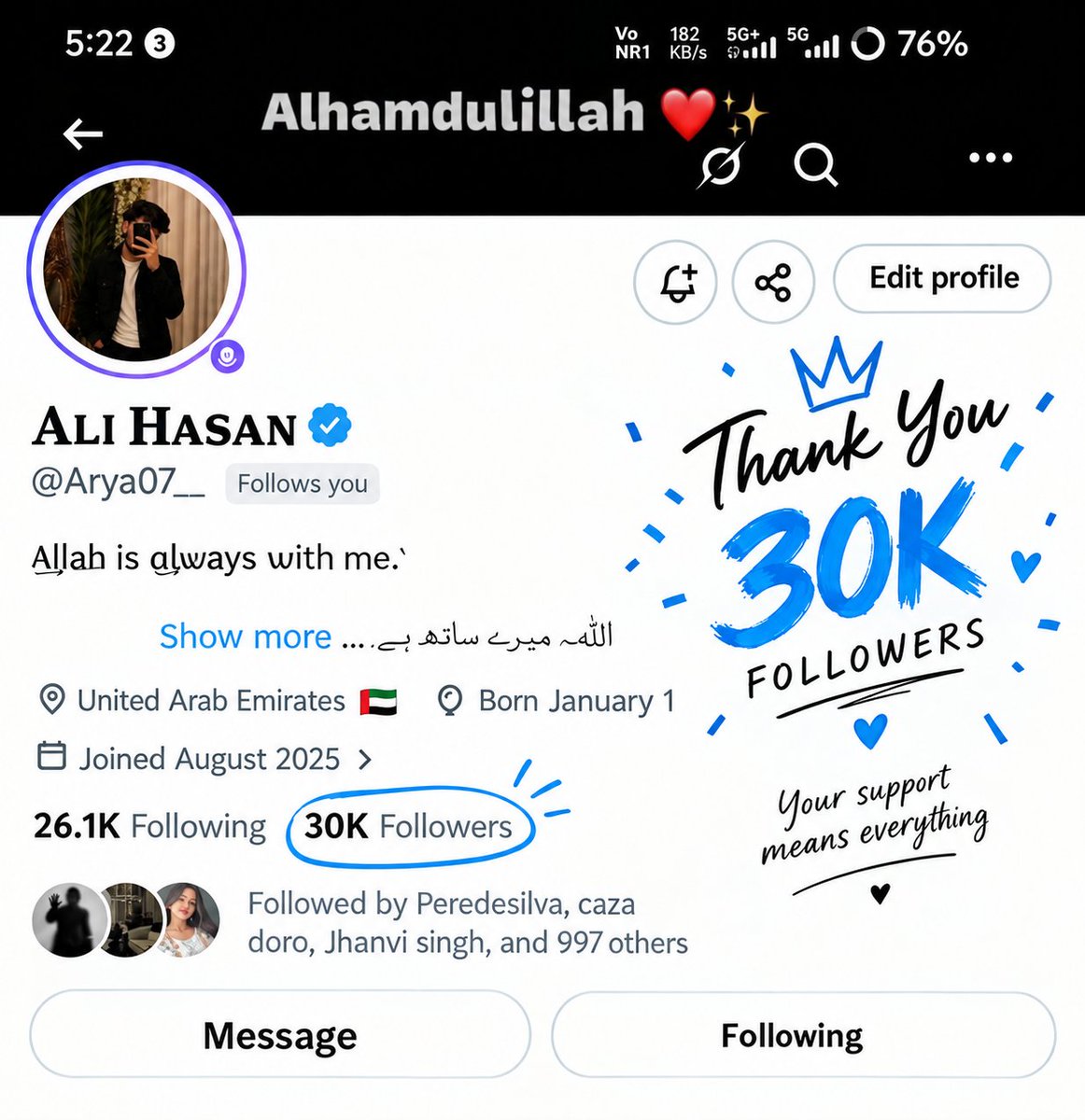 xus7si's tweet photo. 🎉 30K فالوورز مکمل ہونے پر بہت بہت مبارک ہو! 🥳❤️ الحمدللہ، یہ آپ کی محنت، مستقل مزاجی اور سپورٹرز کی محبت کا نتیجہ ہے۔ اللہ آپ کو مزید کامیابی، ترقی، خوشیاں اور برکتیں عطا فرمائے۔ ✨🚀 @Arya07__ https://t.co/ioxqi6Qf2i