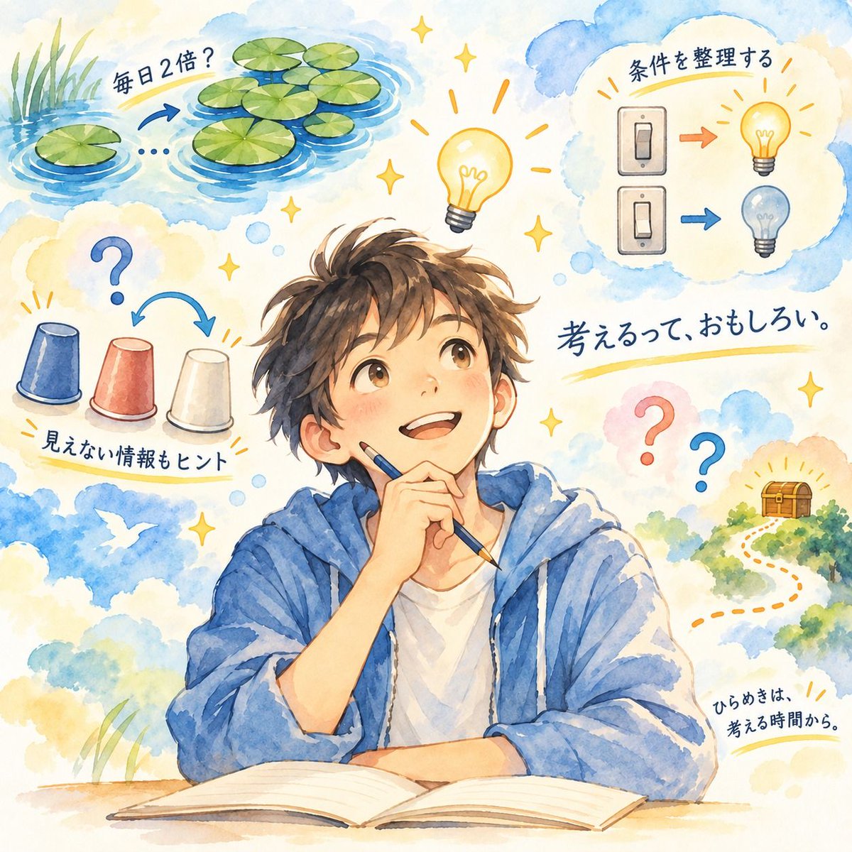 LiteraArts's tweet photo. 中学2年生の授業。

「今日は論理問題がやりたい」

そんなリクエストから、今回は少しいつもと違う授業になりました。

毎日2倍に増える蓮の葉が、48日で湖いっぱいになる。
では、湖の半分を埋めるのは何日目？

蚊取り線香を使って、45分を測るには？

いくつかの条件だけを手がかりに、見えない答えを推理する問題にも挑戦しました。

なかでも面白かったのが、
「情報がないことも、情報になる」
という問題です。

誰かが何も言わなかった。
答えられなかった。

普通なら「何も情報がない」と思ってしまうところですが、

「答えられなかったということは、何が分からなかったんだろう？」

と考えていくと、それ自体が大切な手がかりになります。

生徒も、最初は答えを探しながら、
「あ、そういうことか」
と途中で気づき、最後には自分の言葉で理由まで説明することができました。

論理問題というと、正解を当てるゲームのようにも見えます。

でも本当に面白いのは、
「どうしてそう考えたのか」
「ほかの可能性はないのか」
「今ある情報から、どこまで言えるのか」
を一つずつ確かめていくところ。

読むことも、書くことも、考えることも、
根っこにあるのは同じなのかもしれません。

こんなふうに、じっくり頭を使って遊ぶ時間も、
リテラの国語の授業です。